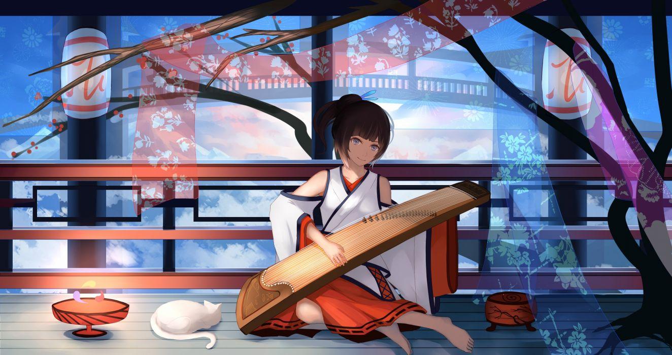 1324x700 Animal barefoot brown hair cat instrument japanese clothes l l miko