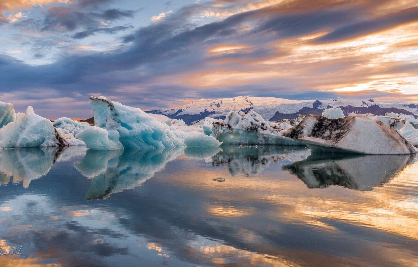 1332x850 Wallpaper ice, the sky, clouds, snow, sunset, lake, reflection, the evening, Laguna, Iceland, glaciers image for desktop, section пейзажи