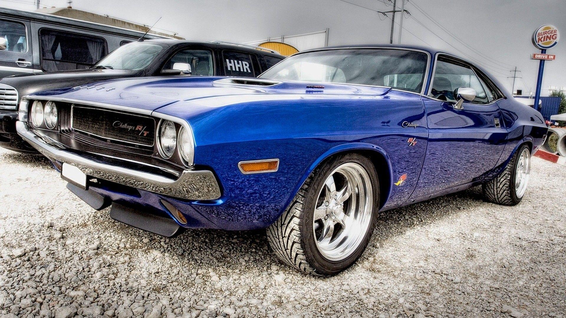 1920x1080 American, muscle cars, Dodge Challenger, Burger King, old cars, blue cars wallpaper