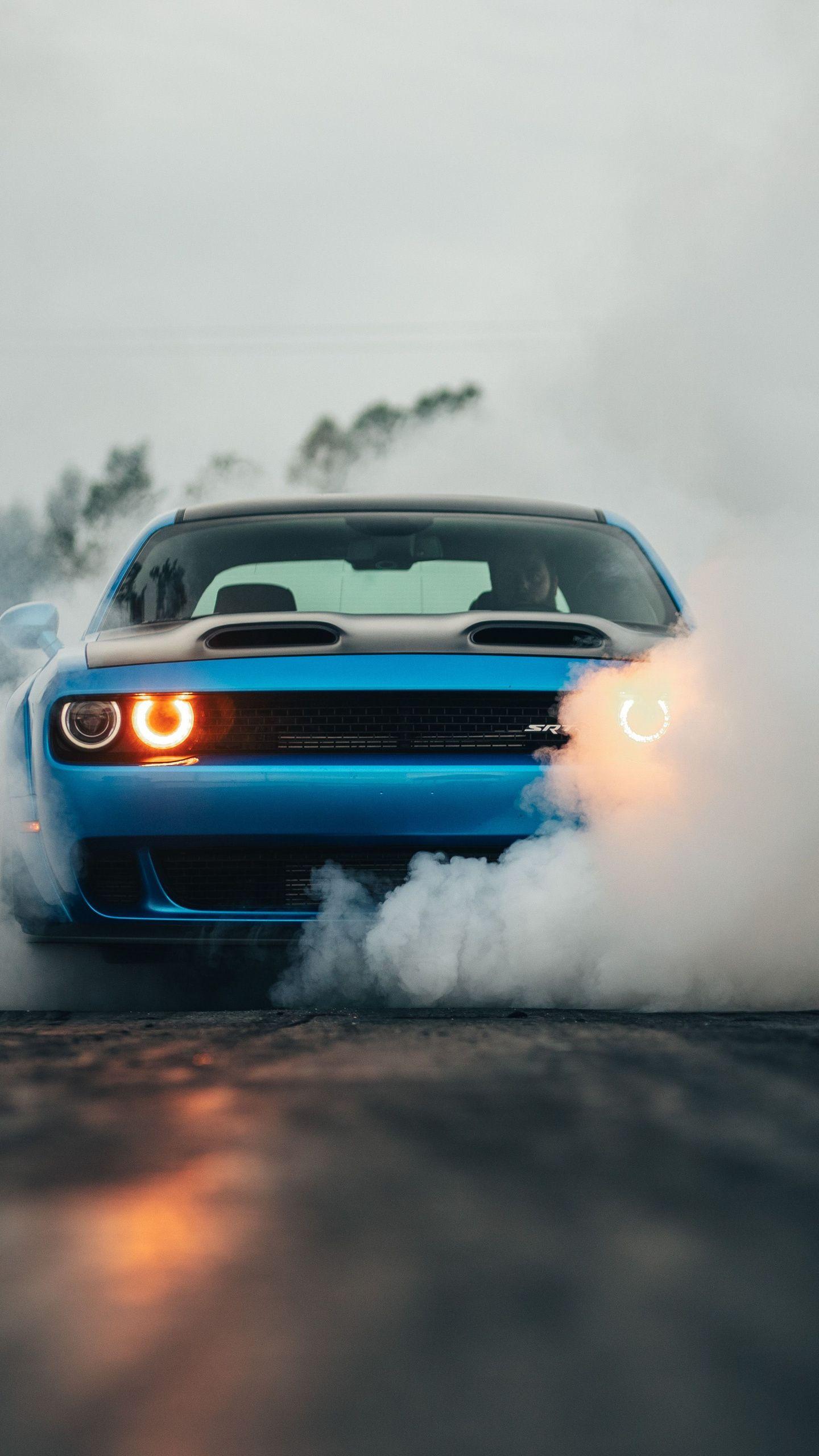 1440x2560 Download Dodge Challenger Hellcat, smoke, muscle car, blue wallpaper, 1440x QHD Samsung Galaxy S S Edge, Note, LG G4