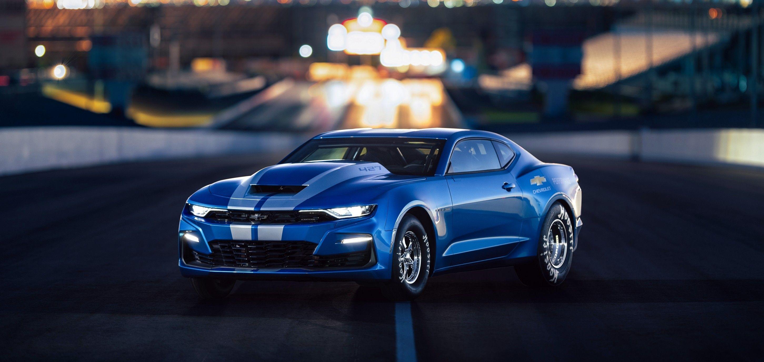 2903x1378 Download 2903x1378 Chevrolet Copo Camaro, Bokeh, Blue, Muscle Cars Wallpaper
