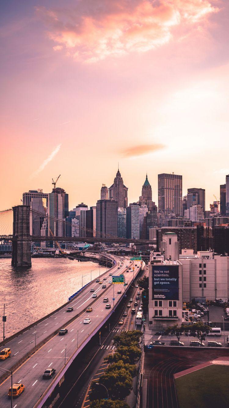 750x1334 Download 750x1334 wallpaper manhattan bridge, new york, city, buildings, susnet, iphone iphone 750x1334 HD image, background, 10333