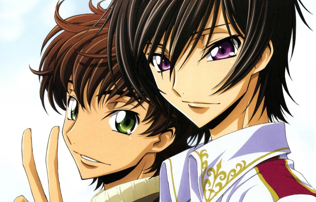 1332x850 Wallpaper smile, friends, gesture, art, code geass, lelouch lamperouge, takahiro himura, suzaku kururugi image for desktop, section прочее
