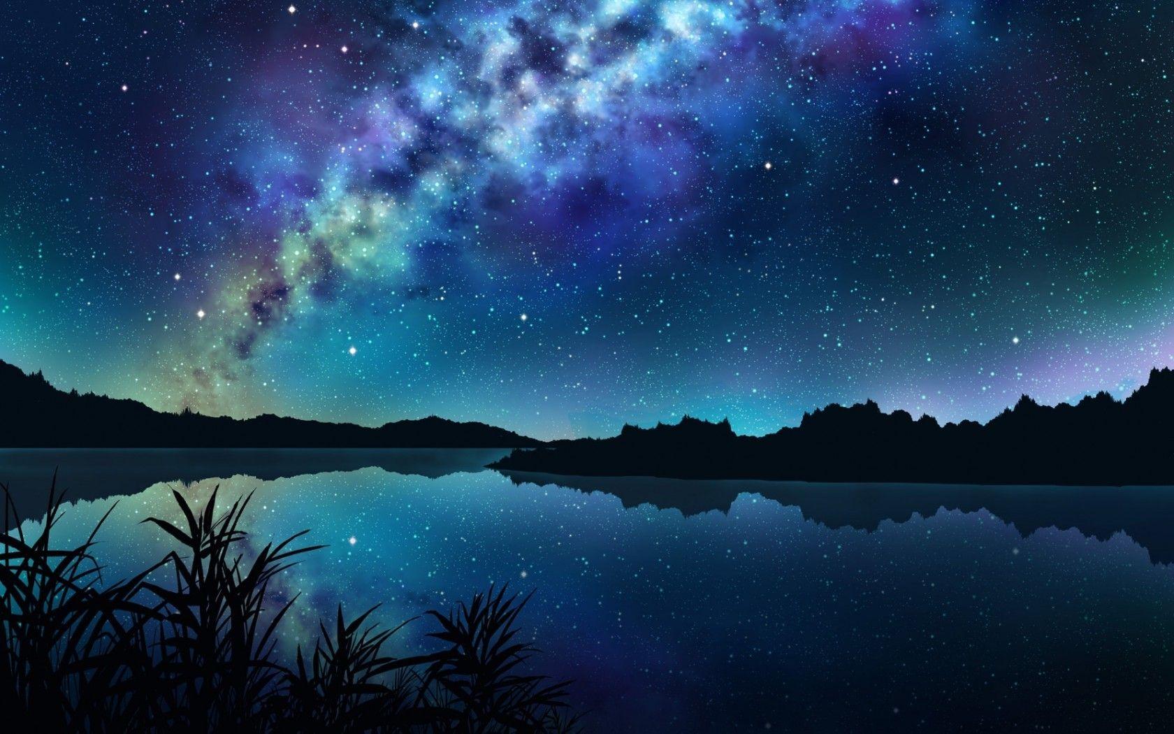 1680x1050 Download 1680x1050 Anime Landscape, River, Night, Stars, Reflection Wallpaper for MacBook Pro 15 inch