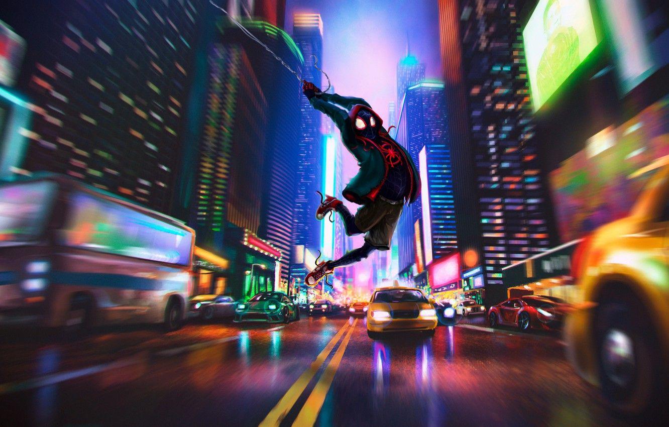 1332x850 Wallpaper road, machine, night, the city, lights, street, shorts, cartoon, home, web, art, jacket, costume, hood, flight, sneakers image for desktop, section фильмы