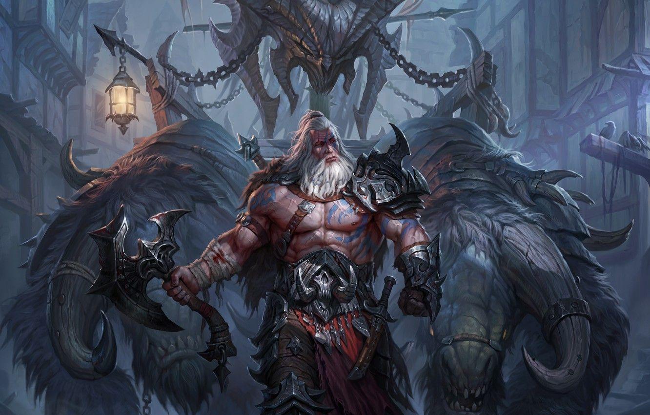 1332x850 Wallpaper Blizzard, Art, Diablo Blizzard Entertainment, Fan Art, Barbarian, Video Game, Reaper of Souls, Diablo III: Reaper of Souls, Axe, Mighty Barbarian, Diablo's Head image for desktop, section игры