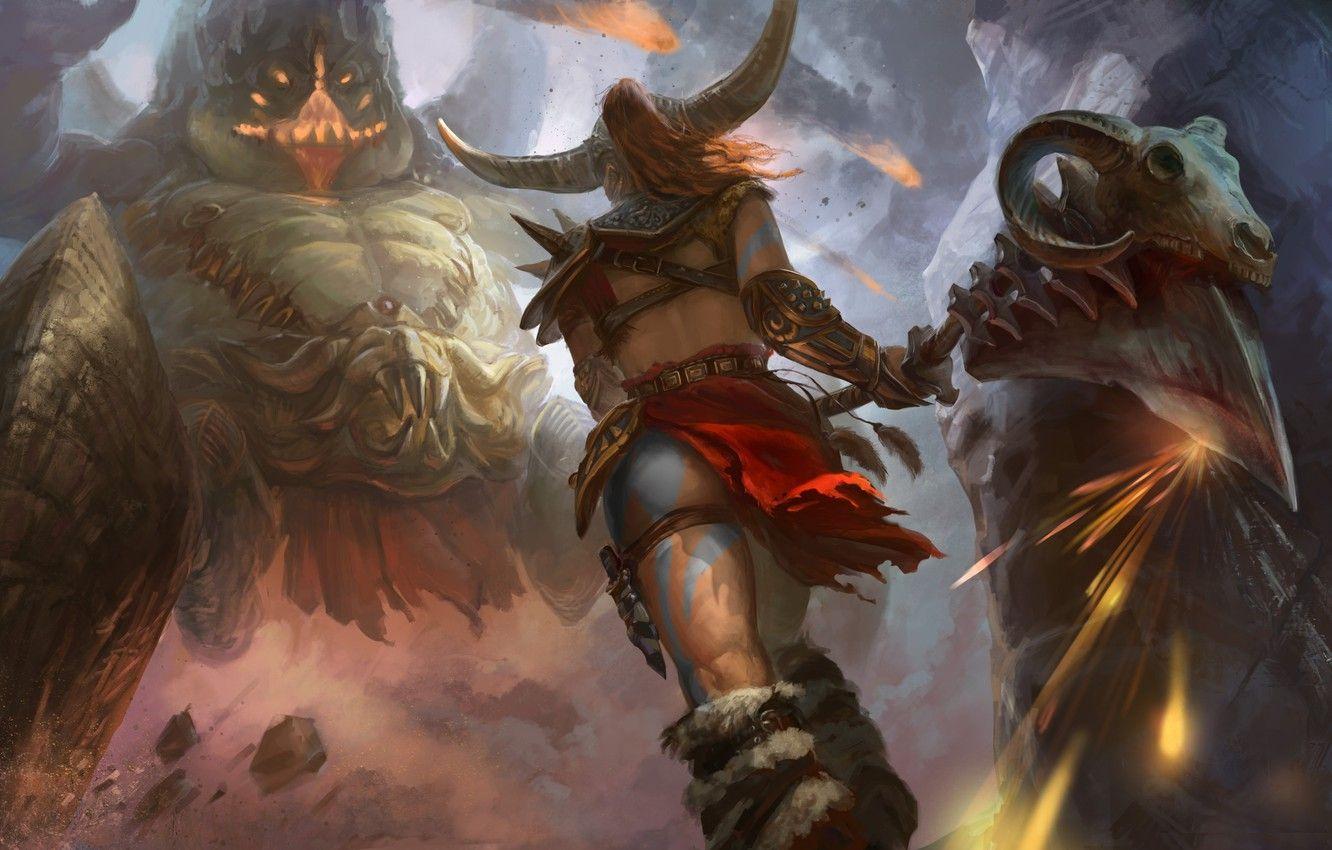 1332x850 Wallpaper girl, weapons, fiction, the game, monster, art, Diablo Barbarian, Barbarian image for desktop, section игры