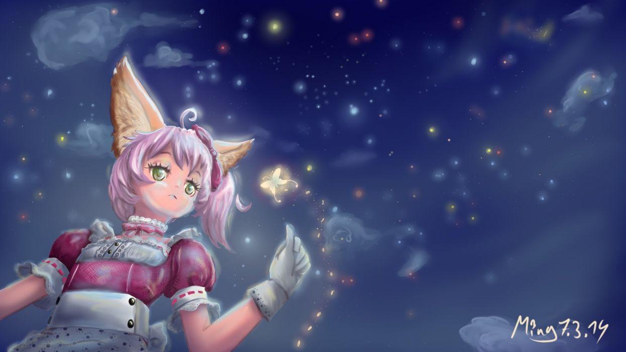 1244x700 Animal ears butterfly elin gloves green eyes mingarts pink hair tera online wallpaperx1080