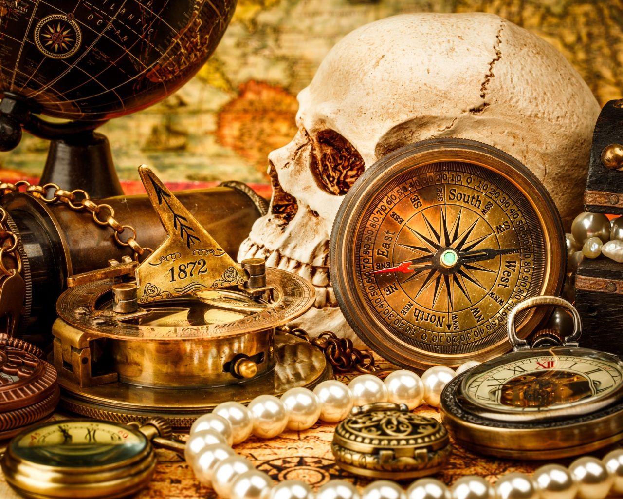 1280x1024 Skull, binoculars, compass, pearls and antique clock on the table Desktop wallpaper 1280x1024