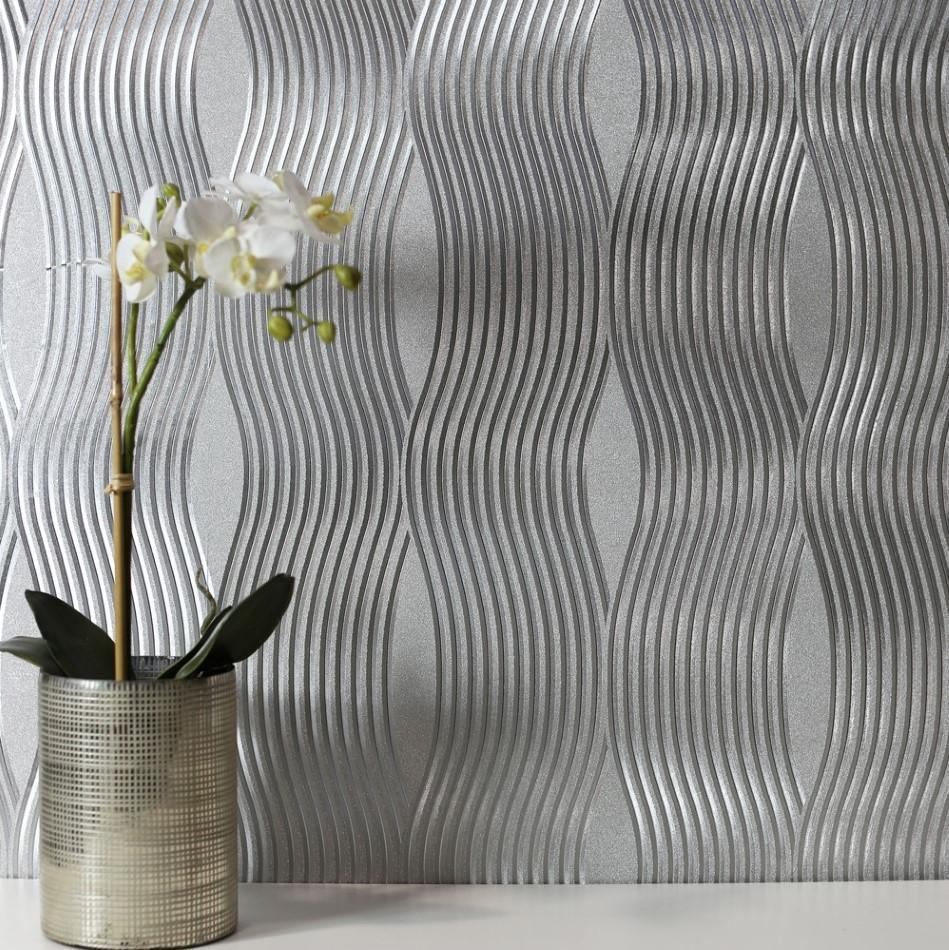 949x950 Foil Wave Metallic Silver Wallpaper by Arthouse Vintage 294501