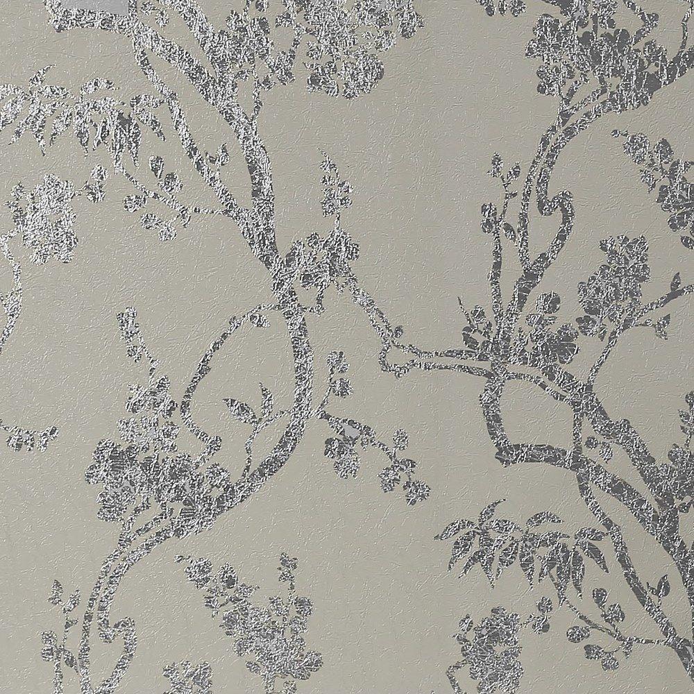 Foil Embossed Leaf Wallpaper in Silver