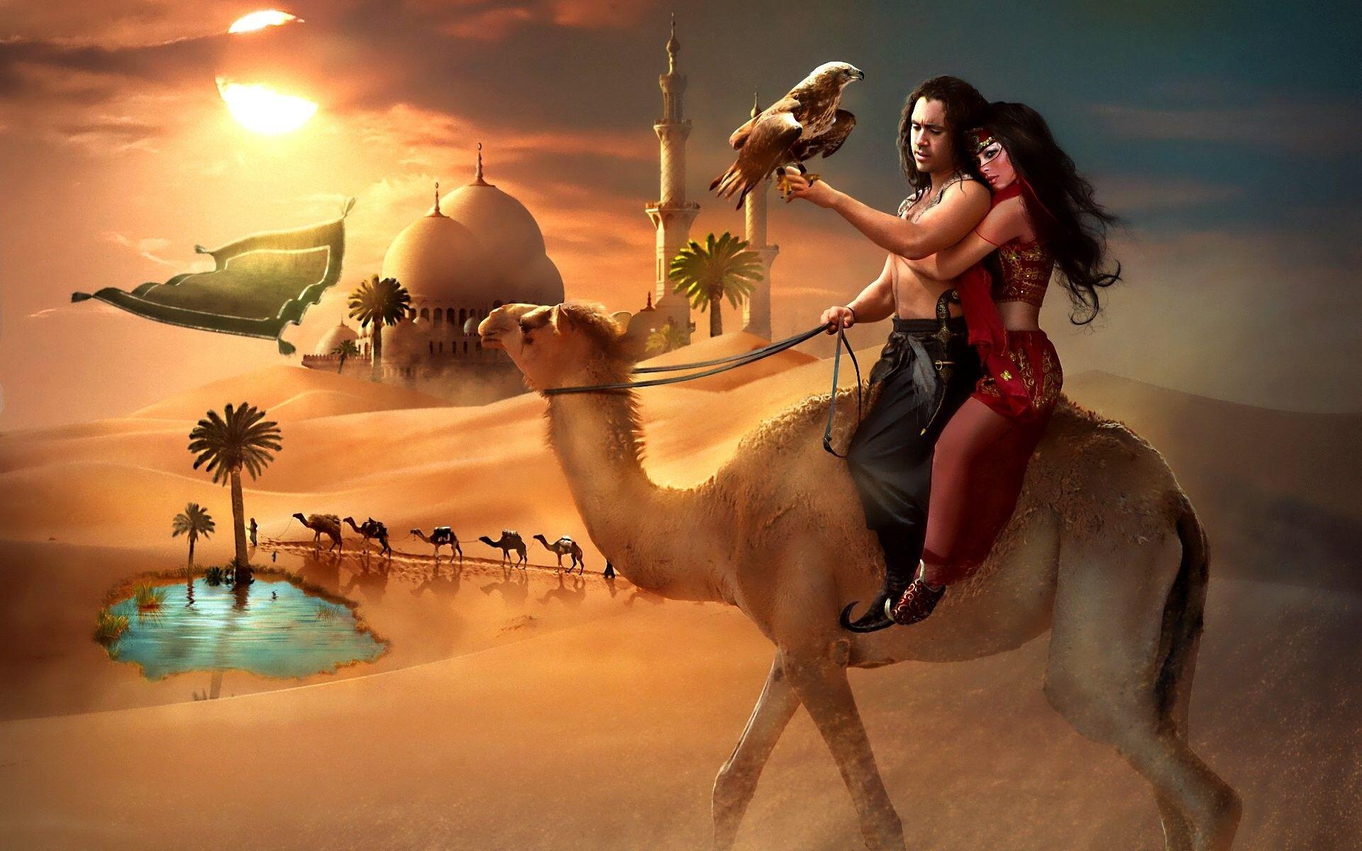 1920x1200 princess couple oasis camels prince carpet artwork palm trees aladdin arabian 1920x1200 wallpaper High Quality Wallpaper, High Definition Wallpaper