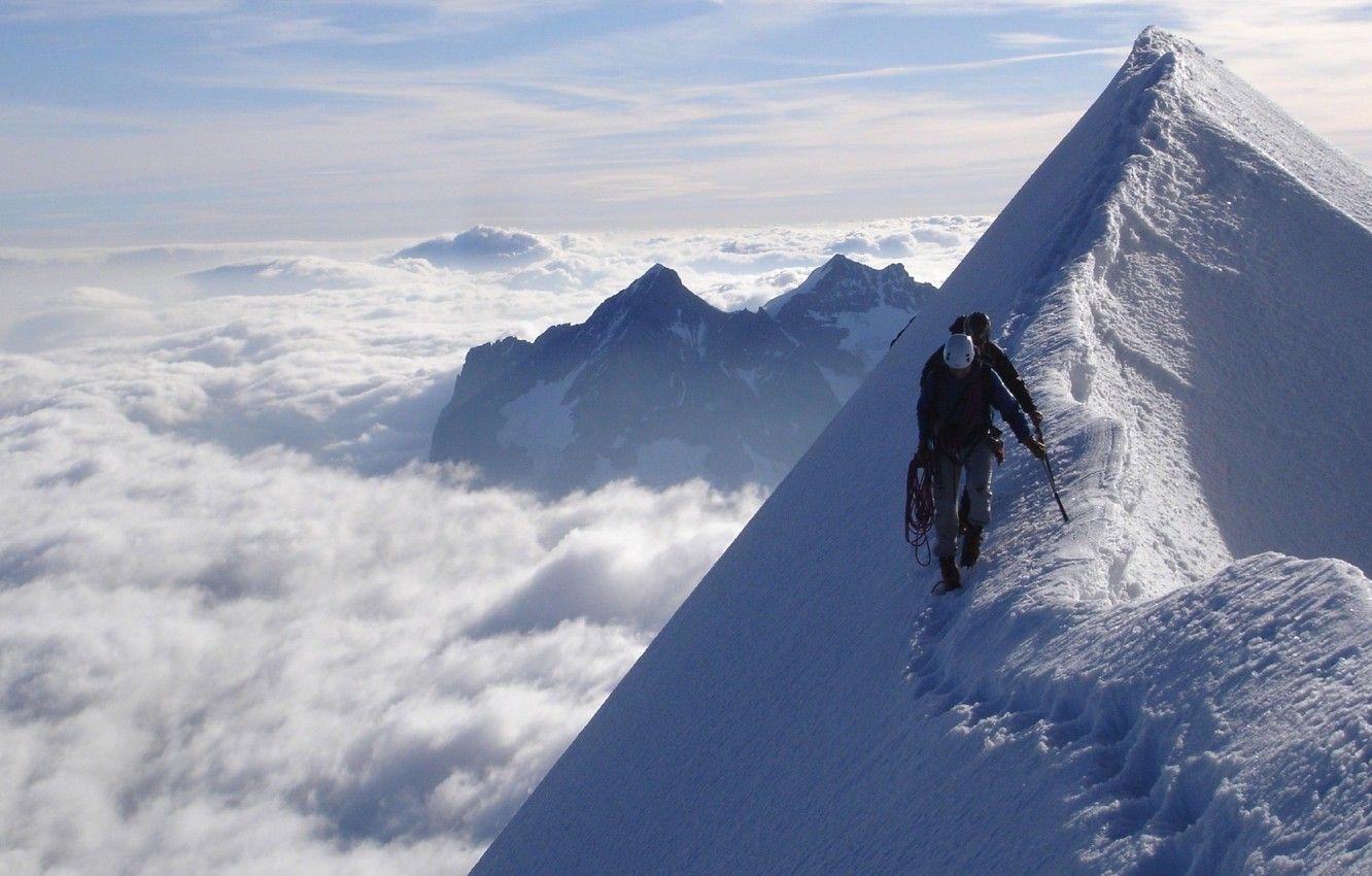 1332x850 Wallpaper sky, landscape, nature, mountains, clouds, snow, men, peaks, tracks, climbers, Mountaineering, footsteps, hiking image for desktop, section пейзажи