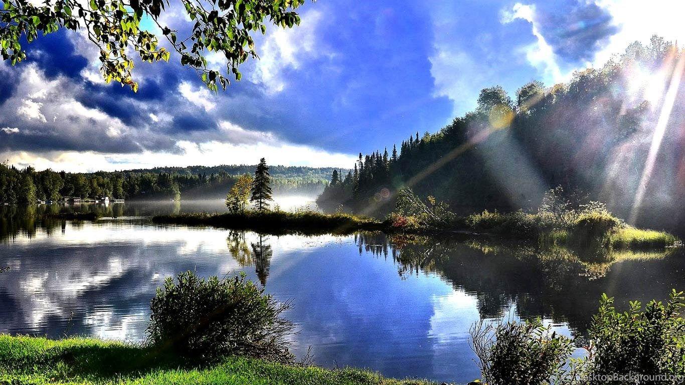 1366x768 Summer Sunshine Scenes Lake Mountain Wallpaper