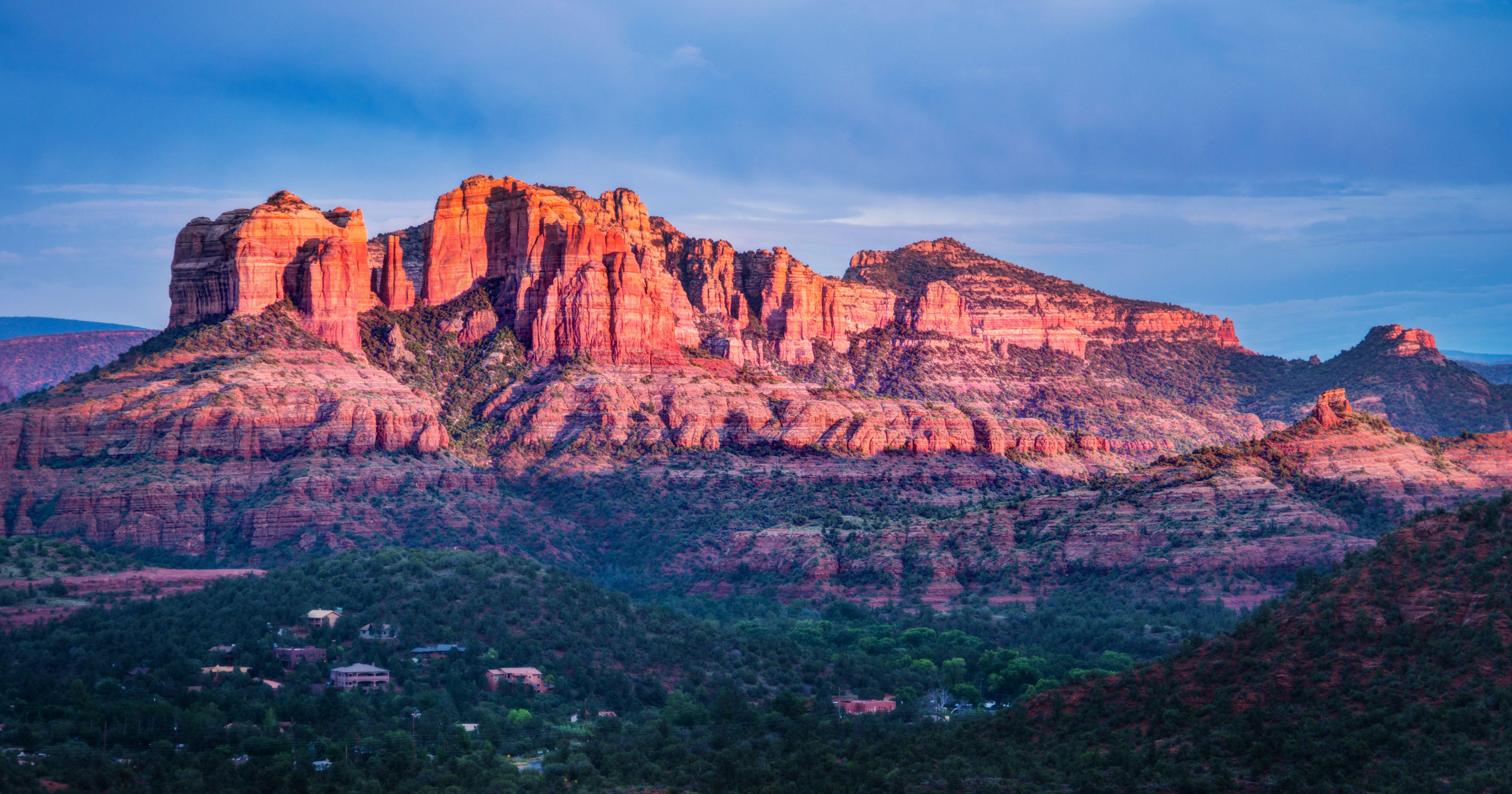7422x3898 Sedona Red Rocks 4K Wallpaper, Valley, Mountain range, Sunset, Sky view, Blue, Green Trees, Landscape, World