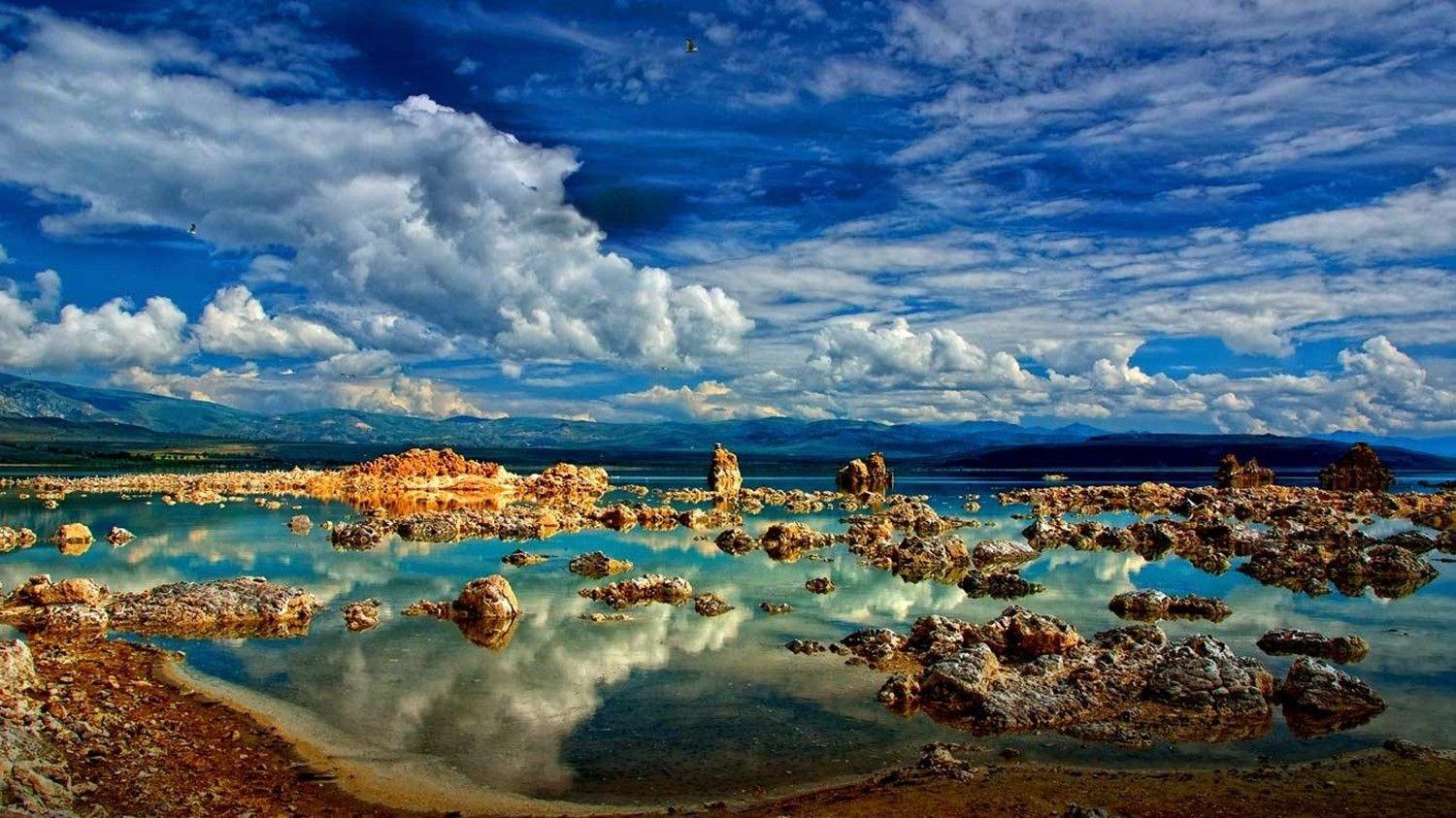 1500x843 Lake: Oasis Towers Clouds Mountains Sky Mono Tufa Skies Desert