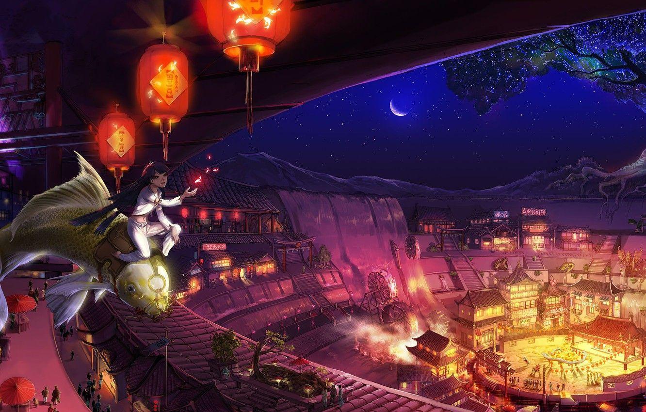 1332x850 Wallpaper night, the city, people, waterfall, fish, a month, circus, area, lights, saddle, arena, water mill, big tree, docka image for desktop, section фантастика