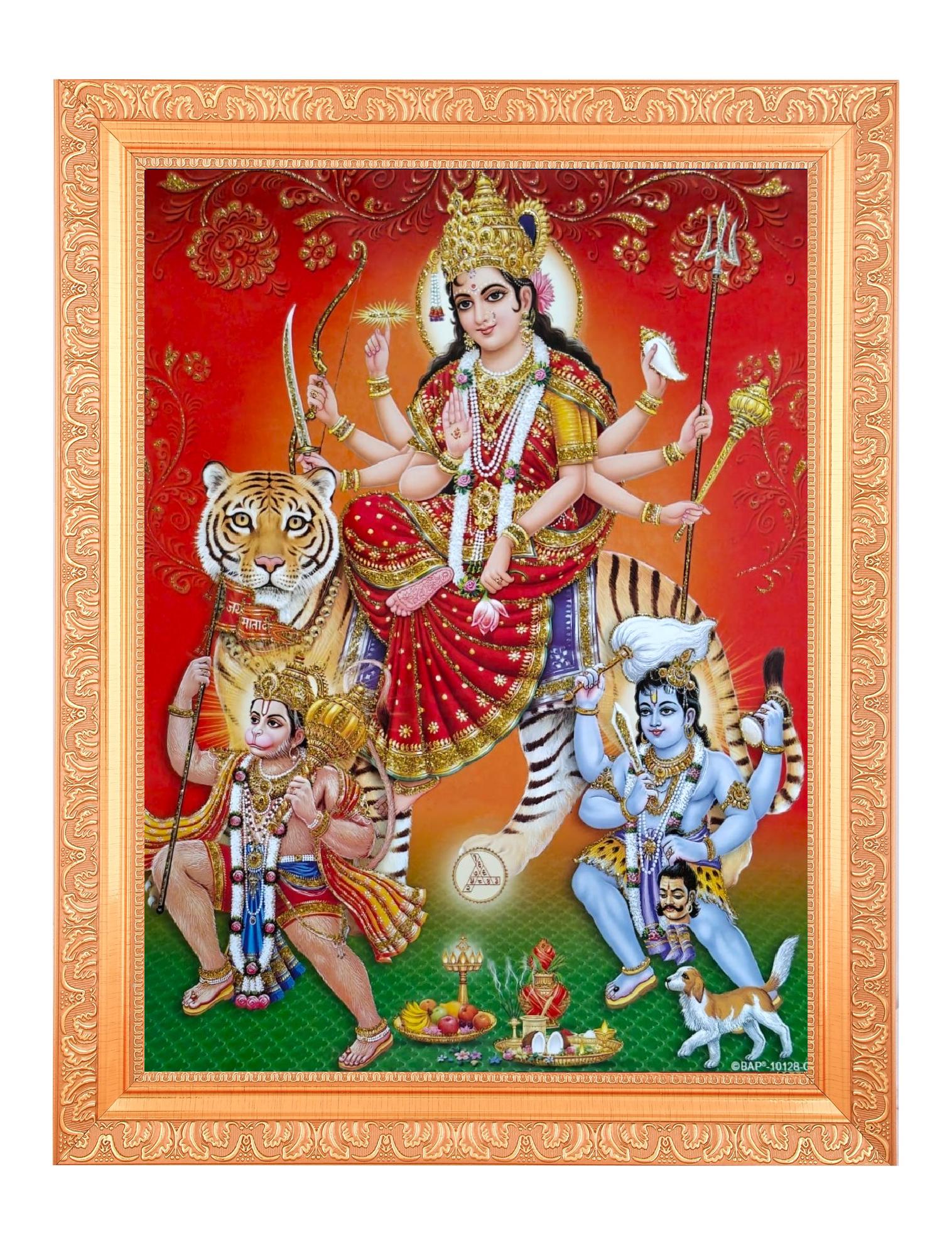 1516x2000 Maa Durga, Hanumanji, Bhairav Golden Zari Art Photo in Golden Frame