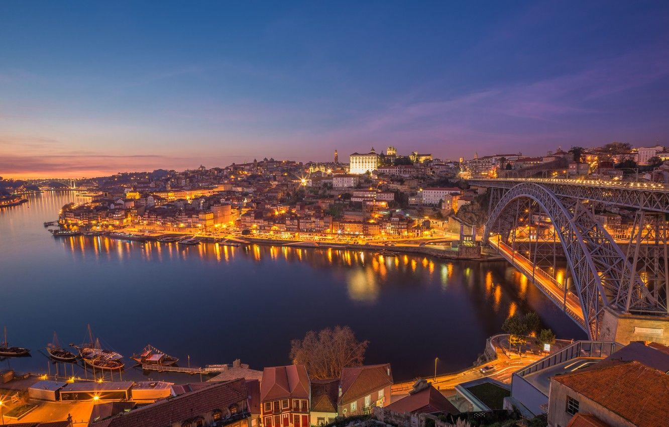 1332x850 Wallpaper bridge, the city, lights, river, dawn, Portugal, Porto image for desktop, section город