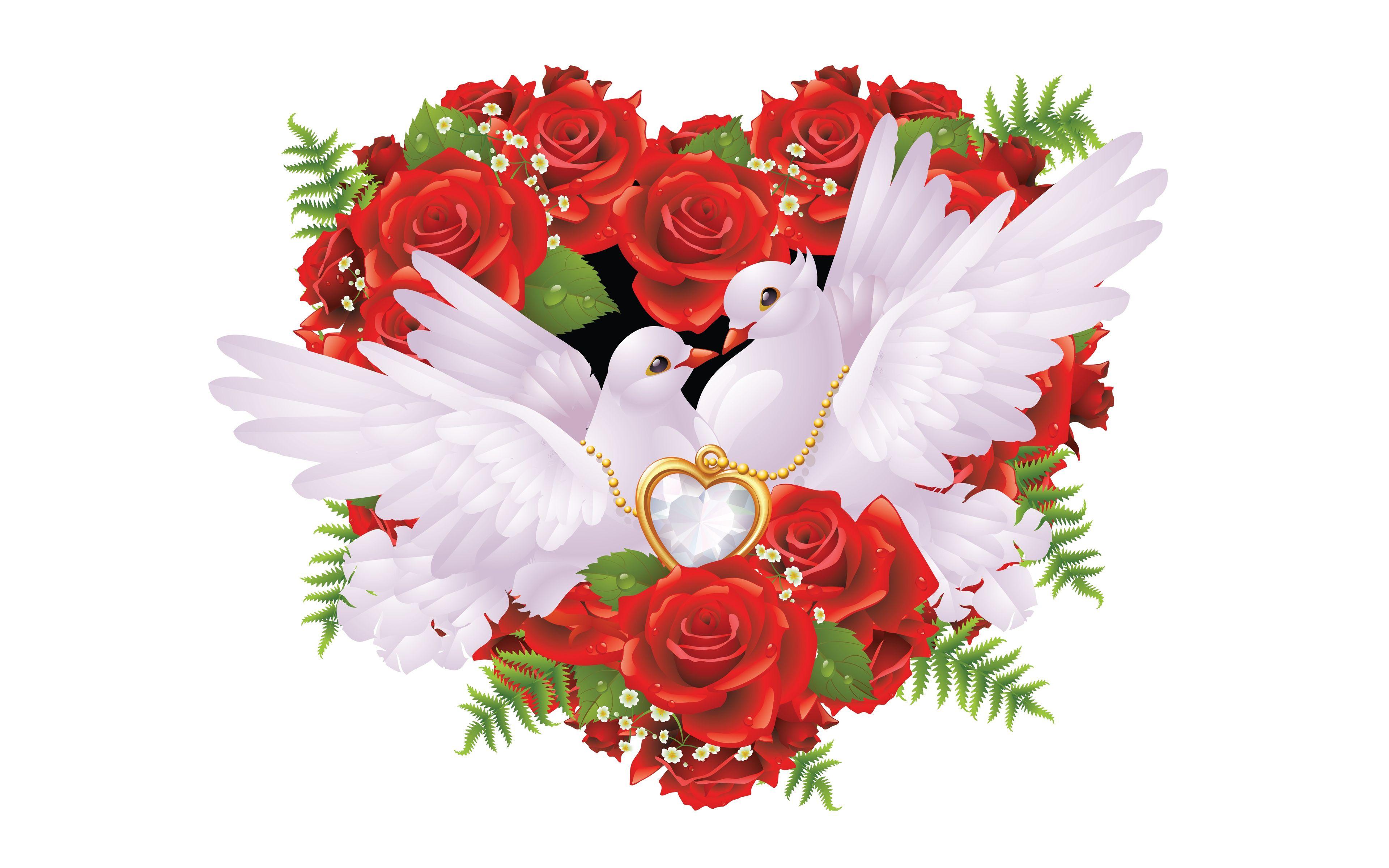 3840x2400 Heart From Red Roses Romantic Love On Pair White Pigeons Golden Jewelry Heart And White Diamond Love Wallpaper HD 3840x2400 :
