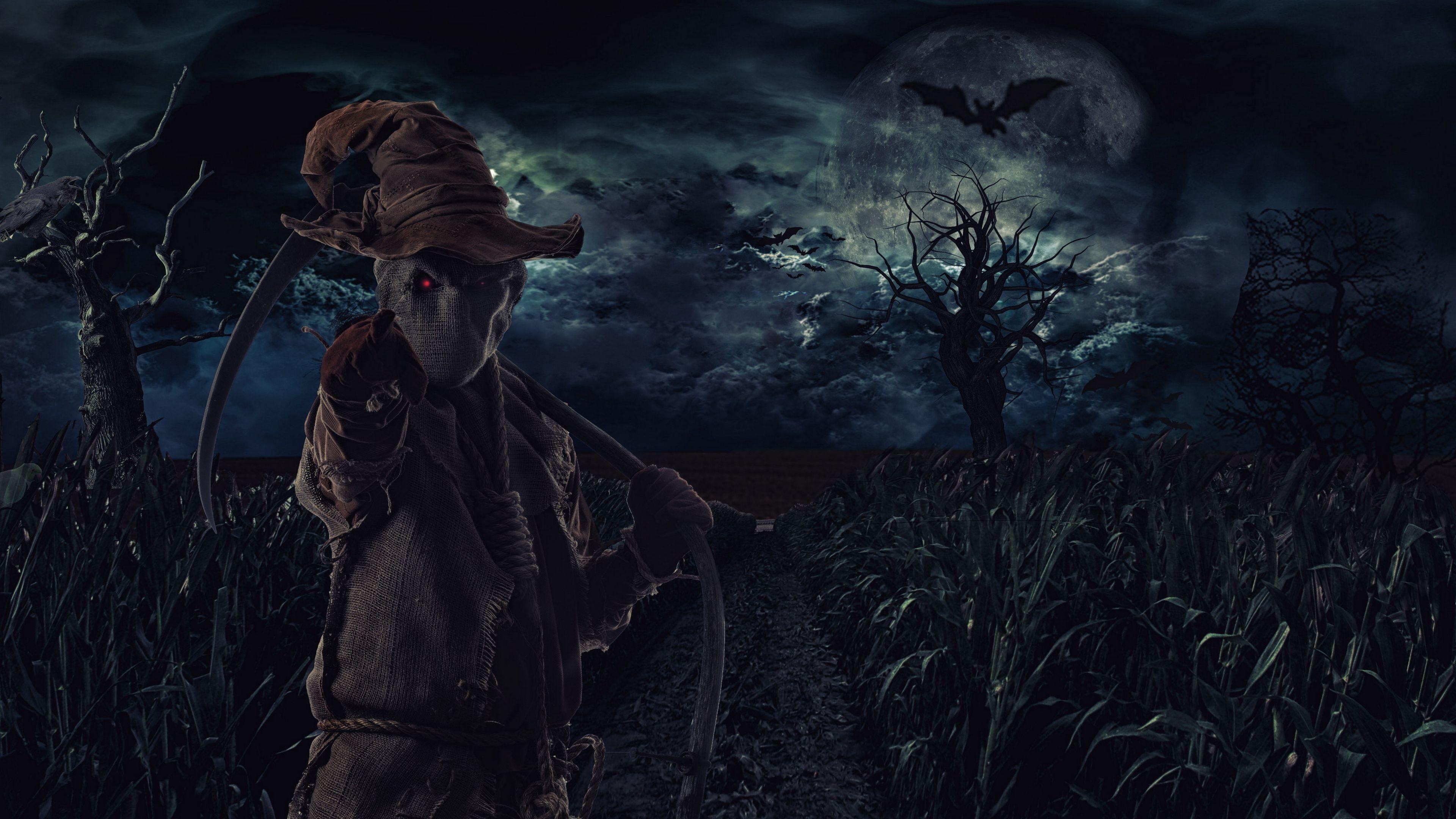 3840x2160 Wallpaper 4k scarecrow, scythe, gloomy, field, night 4k gloomy, Scarecrow, scythe