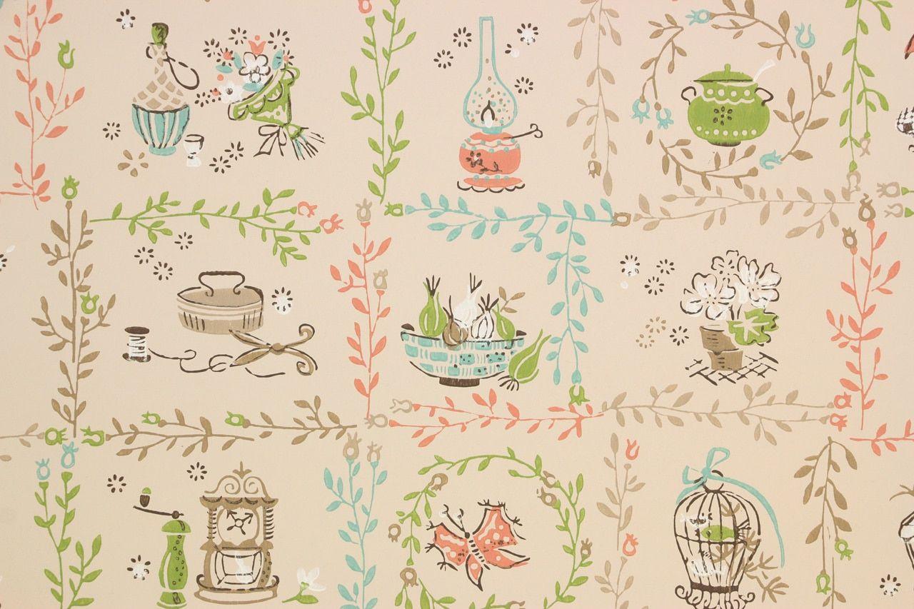 1280x853 1950s Vintage Wallpaper Folk Art Salmon Aqua Kitchen's