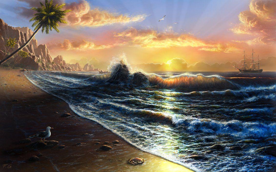 1131x707 Tahiti. Fantasy landscape, Digital painting, Landscape wallpaper