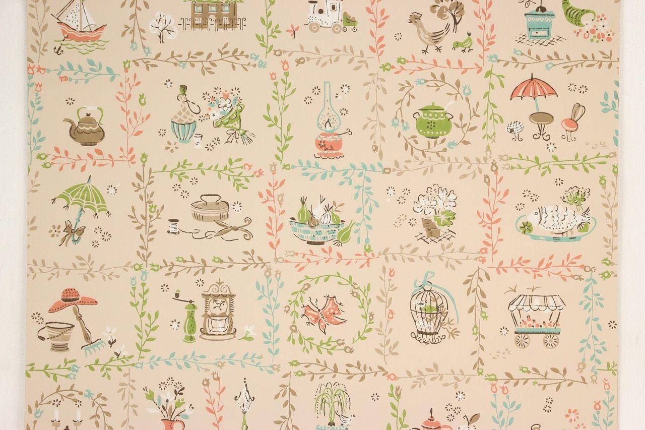 1280x853 1950s Vintage Wallpaper Folk Art Salmon Aqua Kitchen's