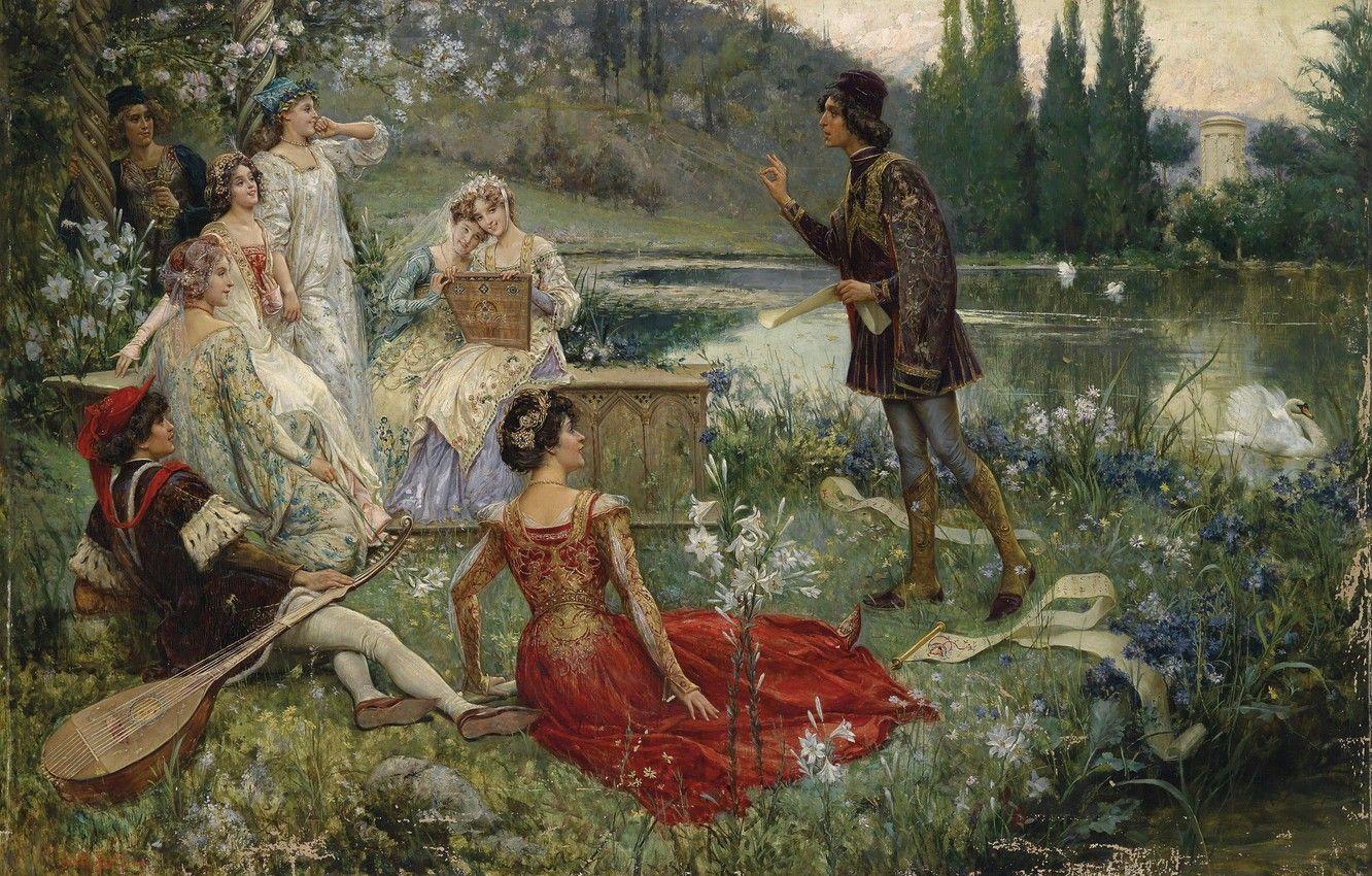 1332x850 Wallpaper forest, landscape, flowers, river, ladies, shore, art, Swan, picnic, forest, painting, swan, river, landscape, art, flowers image for desktop, section живопись