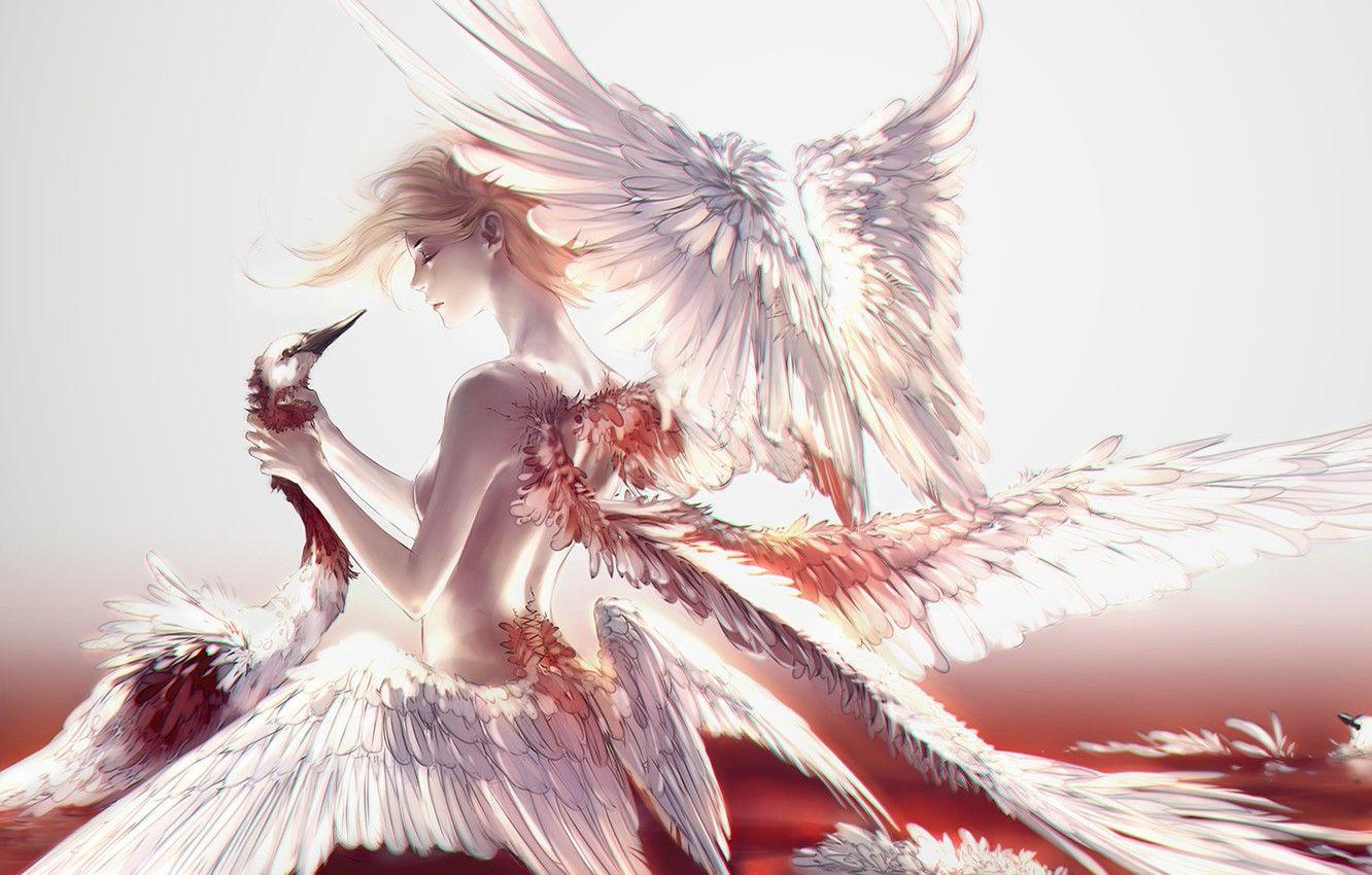 1332x850 Wallpaper girl, blood, fantasy, swan, wings, feathers, birds, Angel, blonde, digital art, artwork, fantasy art image for desktop, section фантастика