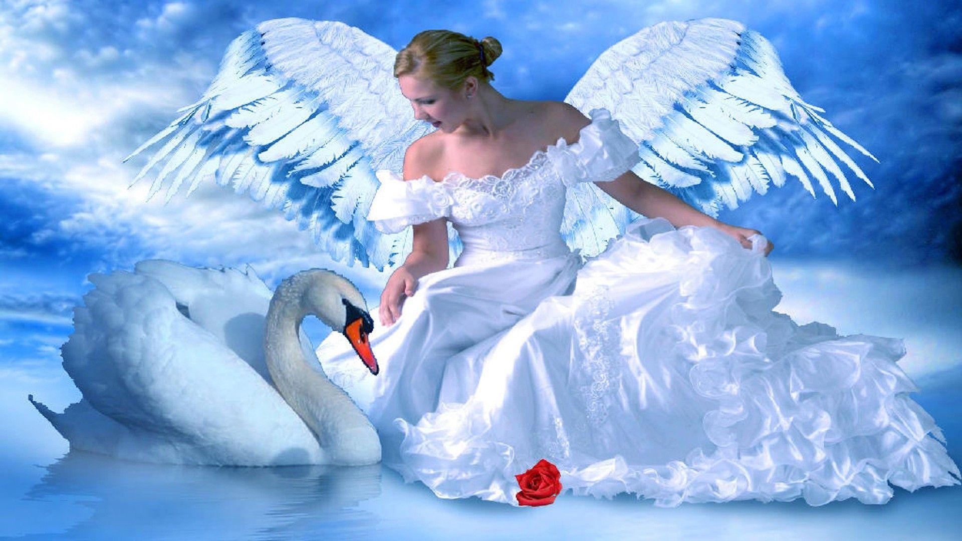 1920x1080 Swan Lake Blue Angel Girl Red Rose Fantasy Art Beautiful Desktop Wallpaper :