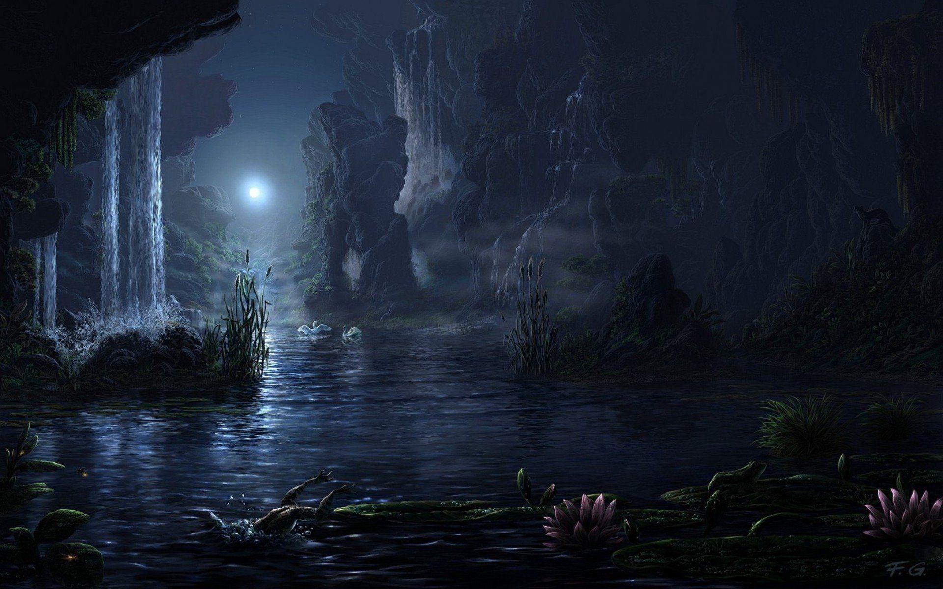 1920x1200 night, Moon, Moon rays, Water, Rock, Flowers, Plants, Swan, Landscape, Digital art Wallpaper HD / Desktop and Mobile Background