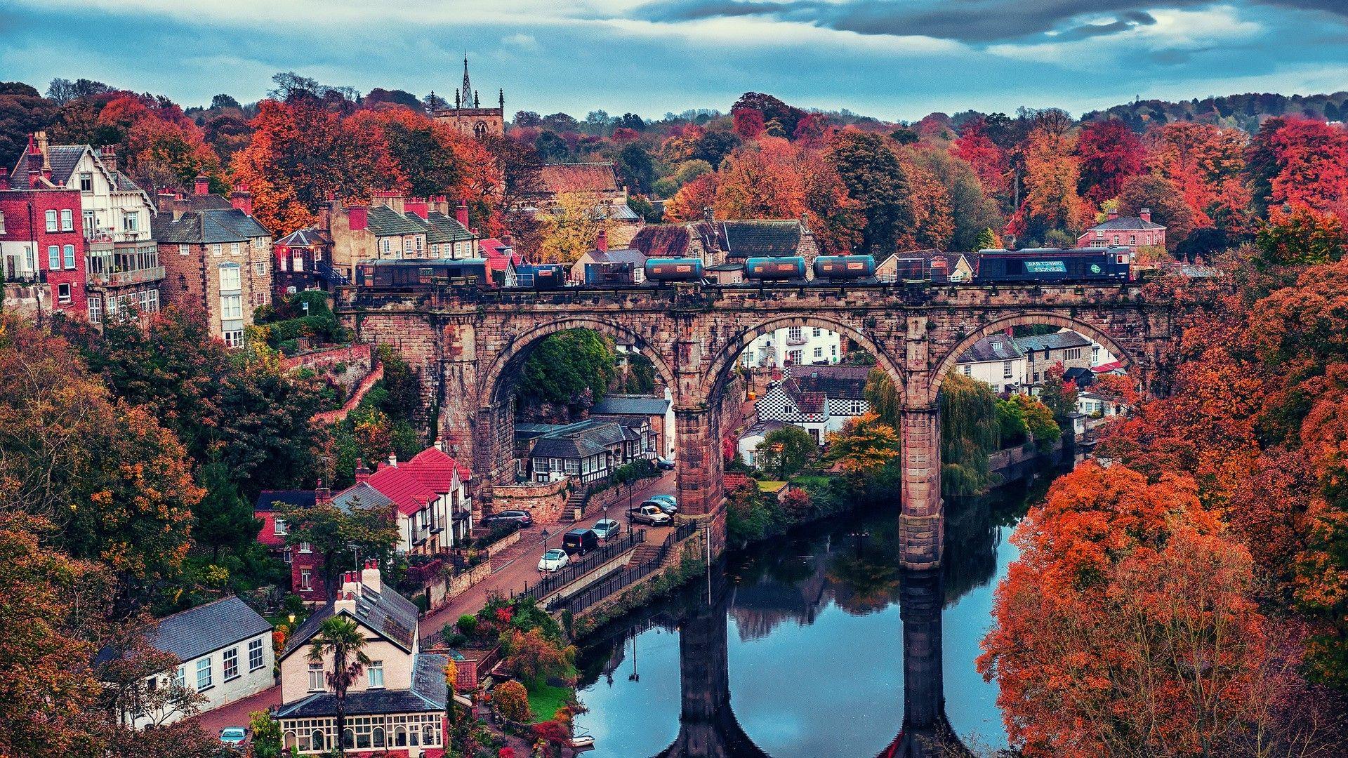 1920x1080 city, Bridge, Train, River, Reflection, Fall, Trees, Architecture, England, Knaresborough, Red Leaves Wallpaper HD / Desktop and Mobile Background