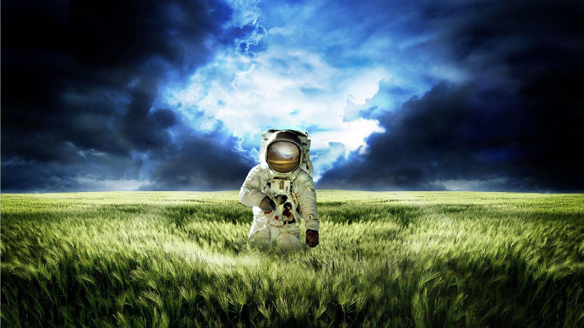 1920x1080 digital Art, Astronaut, Helmet, Space Suit, Nature, Field, Spikelets, Clouds, Photo Manipulation, Gloves Wallpaper HD / Desktop and Mobile Background