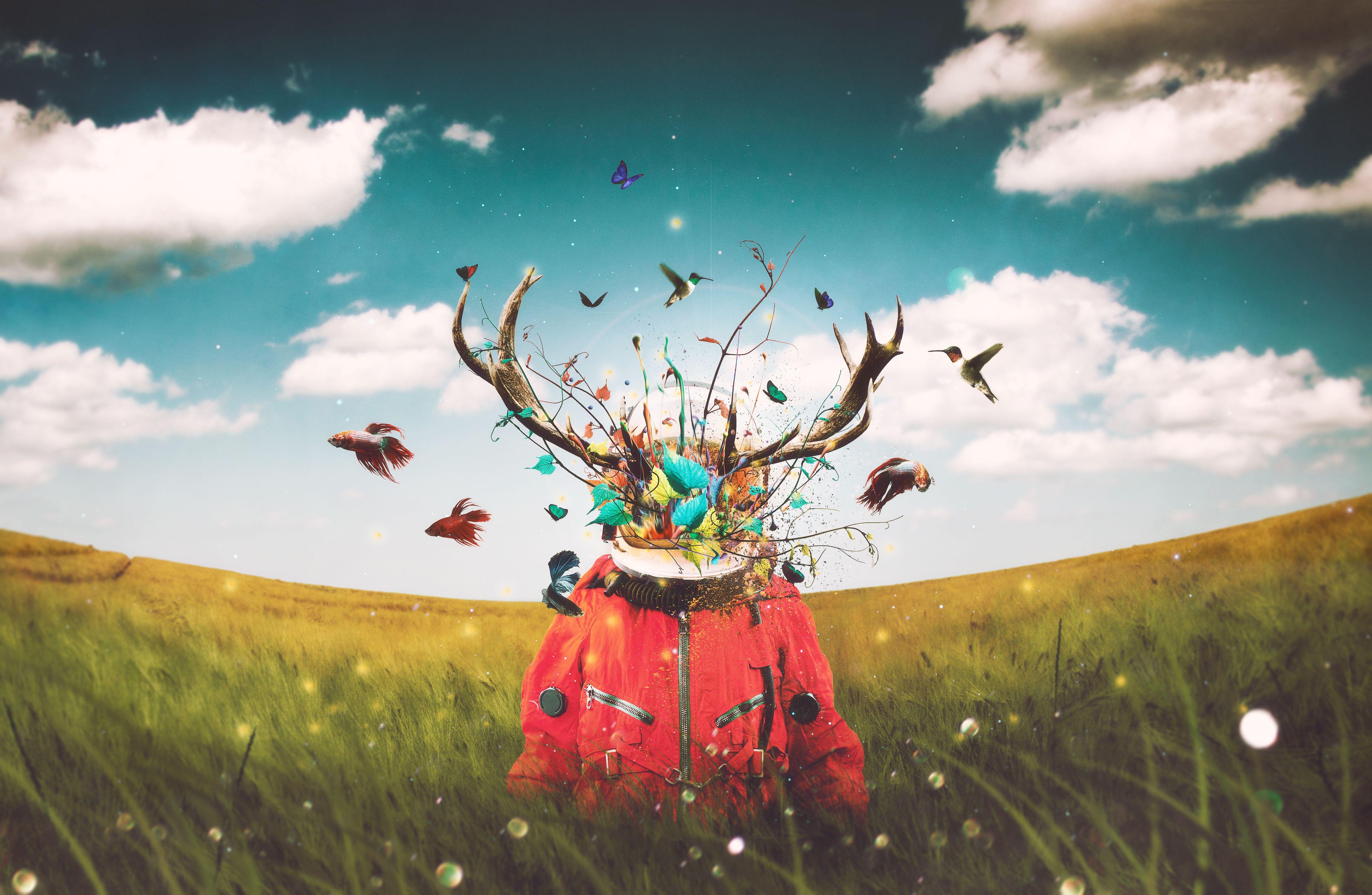 4600x3000 Download wallpaper 4600x3000 surrealism, astronaut, art, imagination, deer, horns, field HD background