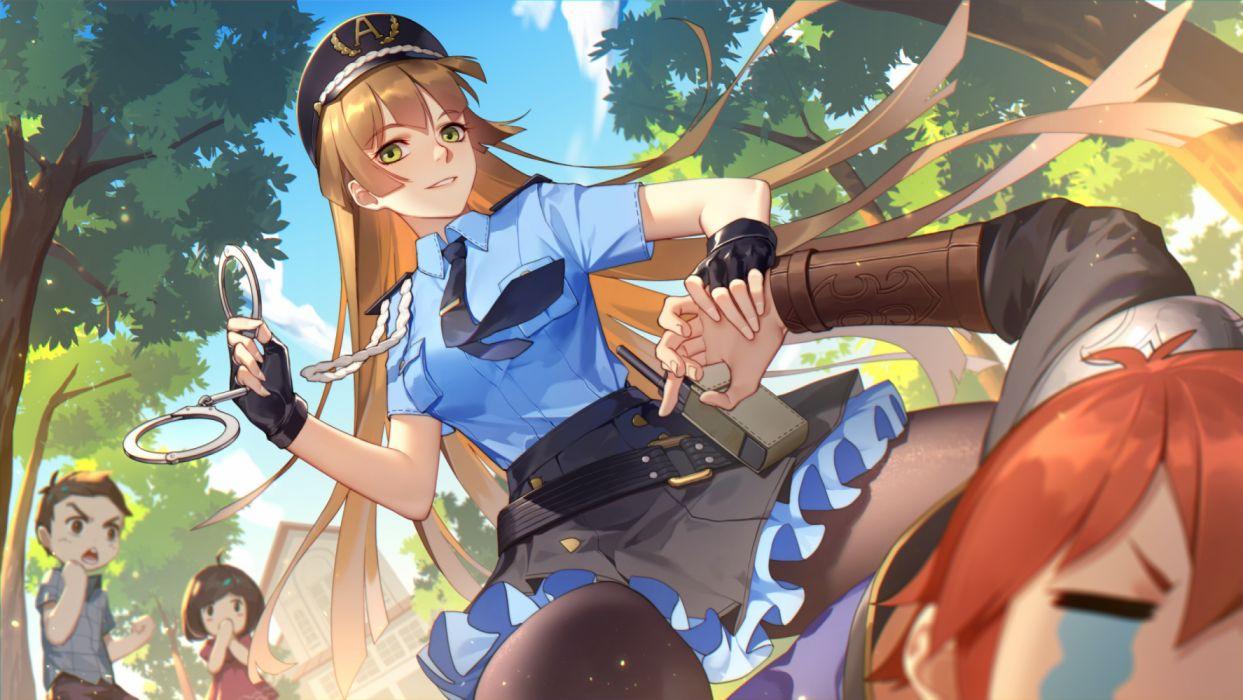1243x700 blonde hair crying gloves green eyes group hat loli long hair male orange hair police police uniform shackles short hair skirt tears tie tree wallpaperx2000