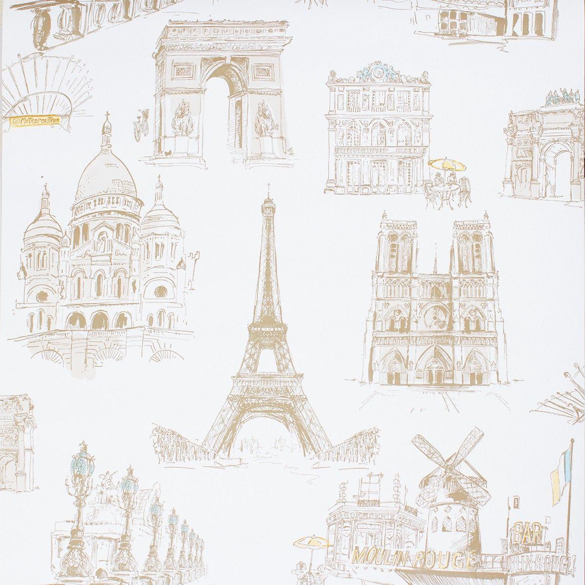 1200x1200 Wallpaper retro city Paris cream white beige wallpaper Ideco Home ihc_L01