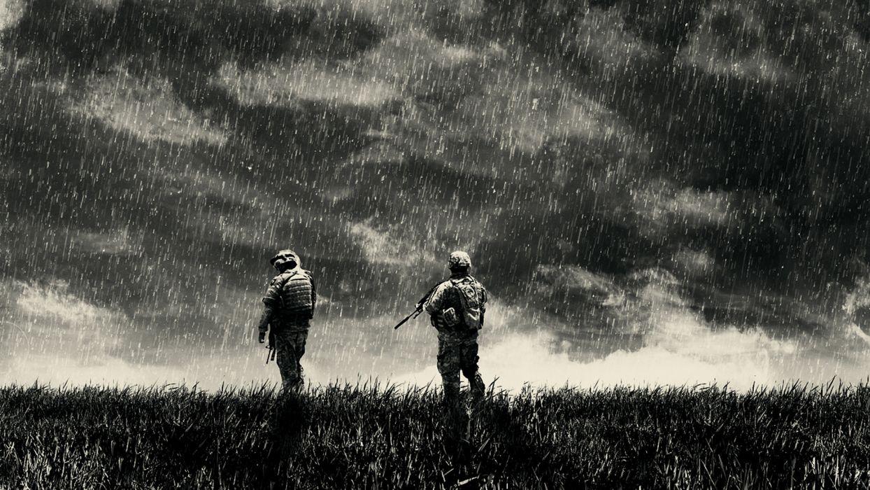 1244x700 People Military Soldiers Warriors Cg Digital Art Manipulations Storm Rain Drops Weapons Guns Black And White Black White B W Wallpaperx1080