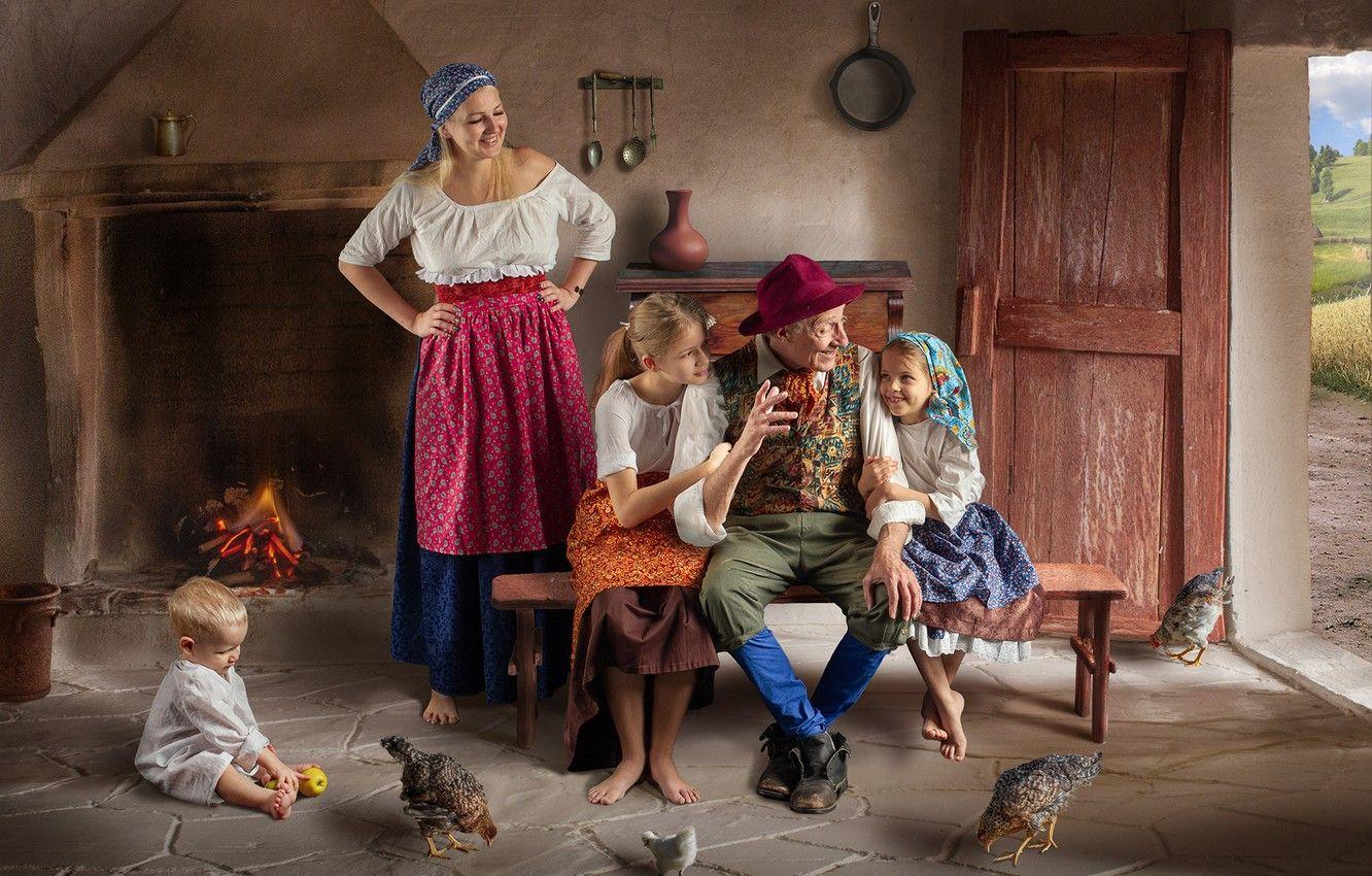 1332x850 Wallpaper children, house, people, grandfather, mother, chickens, Dmitry Usanin, Dmitry Yanin image for desktop, section ситуации