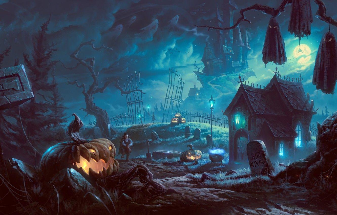 1332x850 Wallpaper trees, night, house, castle, tree, the moon, graves, art, lights, Halloween, pumpkin, vampire, bats, gloomy image for desktop, section праздники