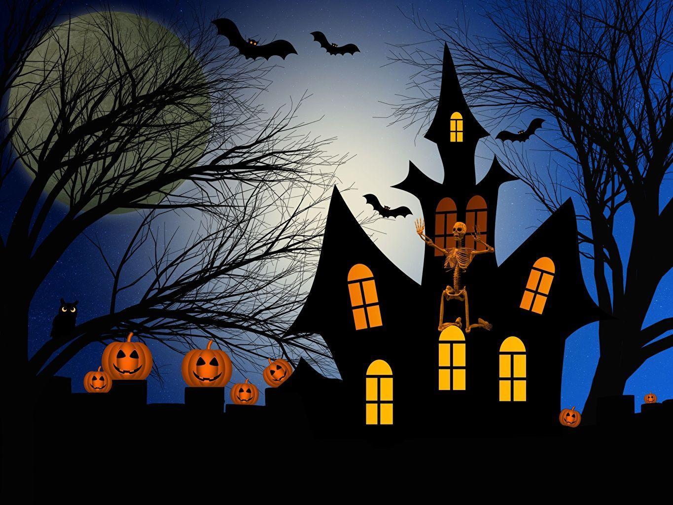 1365x1024 image Pumpkin Silhouette Castles Halloween Branches