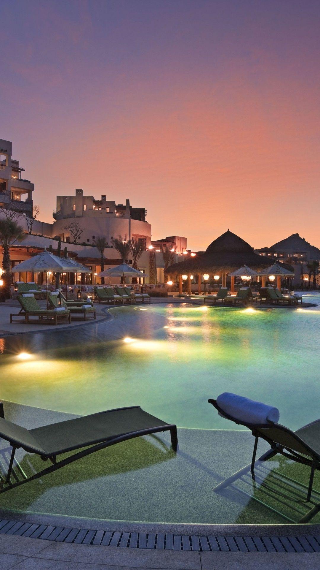1080x1920 Wallpaper Cabo San Lucas, Mexico, Resort, Hotel, sunset, sunrise, pool, sunbed, light, travel, vacation, booking, Architecture