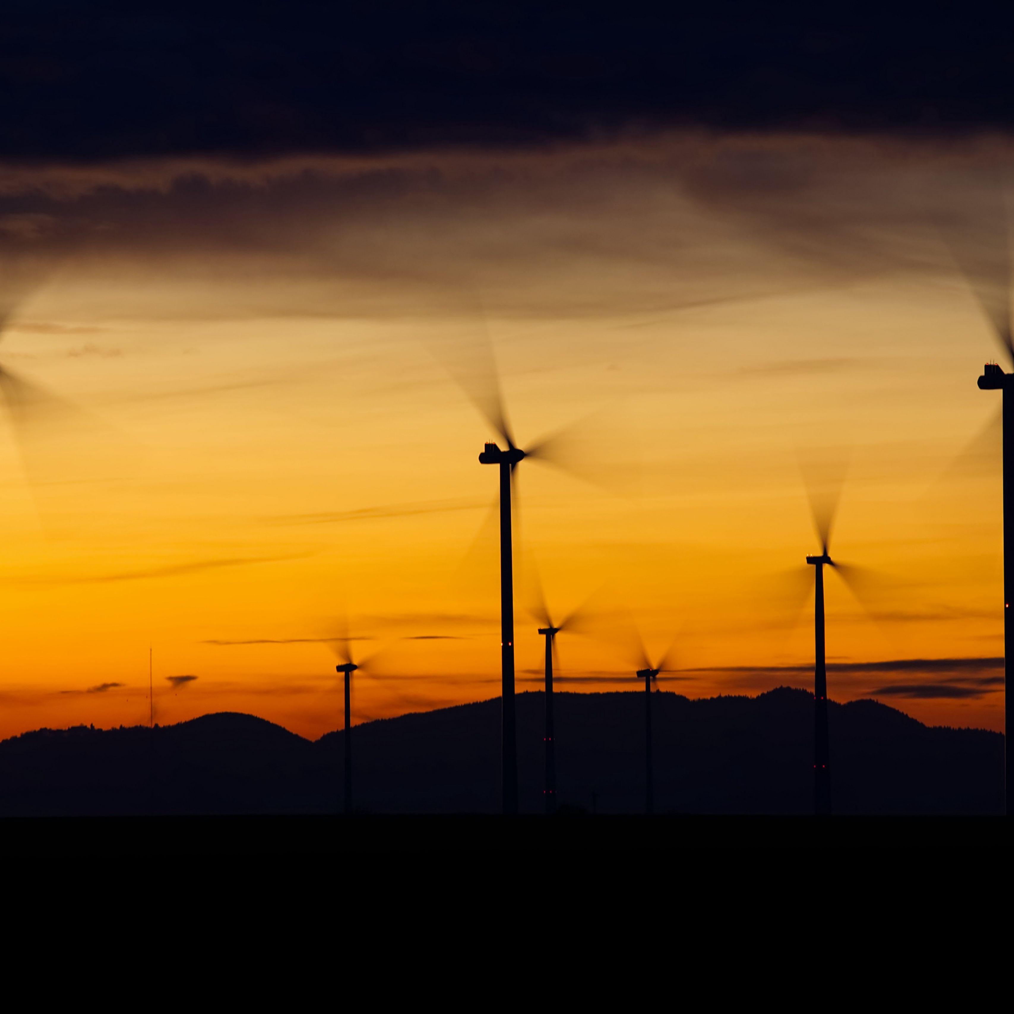 3415x3415 Download wallpaper 3415x3415 windmills, sunset, energy, wind, electricity, movement, blades, dark, horizon ipad pro 12.9 retina for parallax HD background