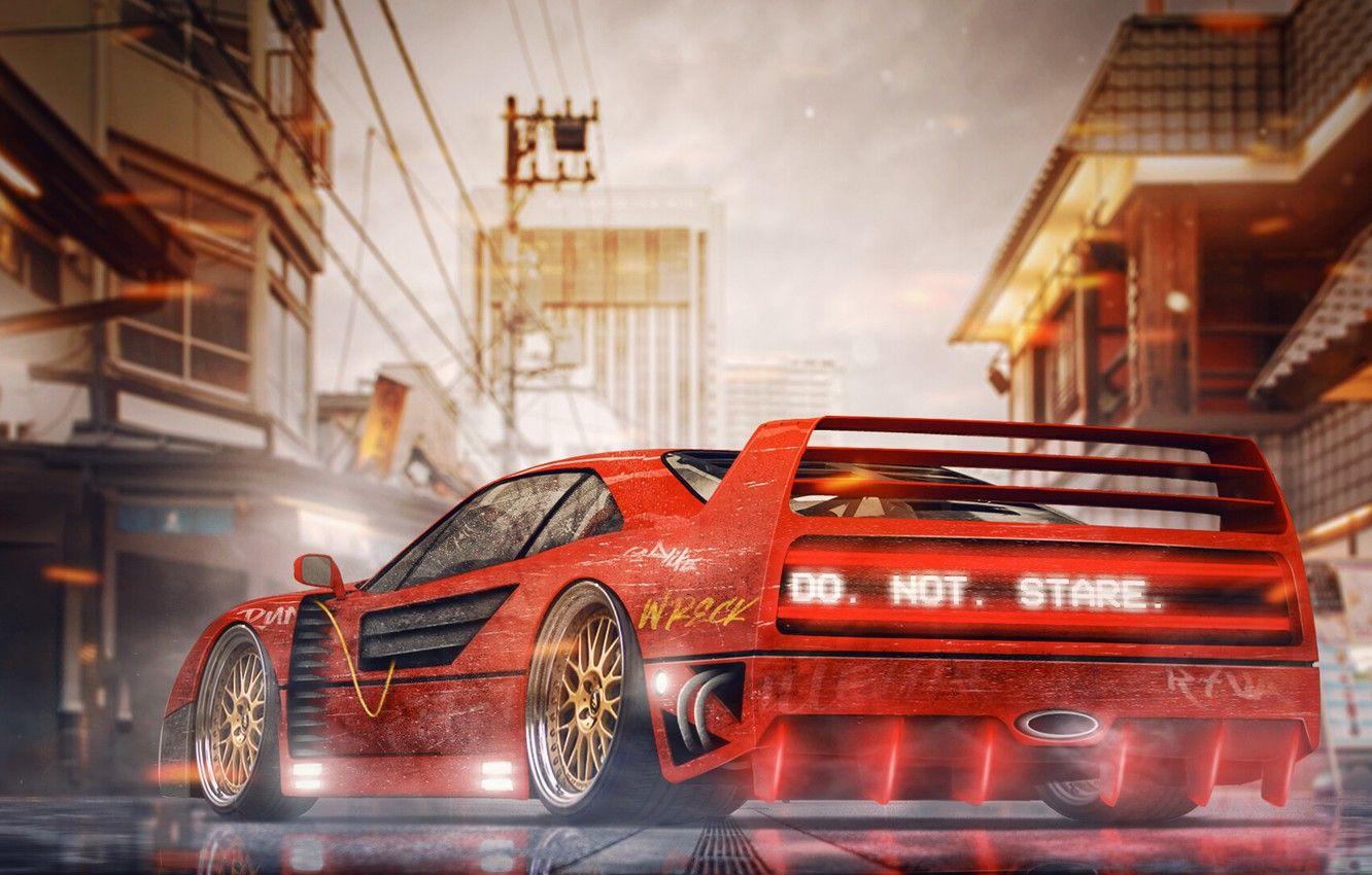 1332x850 Wallpaper Auto, Machine, Style, City, Ferrari, Tokyo, Japan, Red, Art, Neon, Concept Art, Science Fiction, Cyberpunk, Synthwave, New Retro Wave, Ferrari F 40 Image For Desktop, Section рендеринг