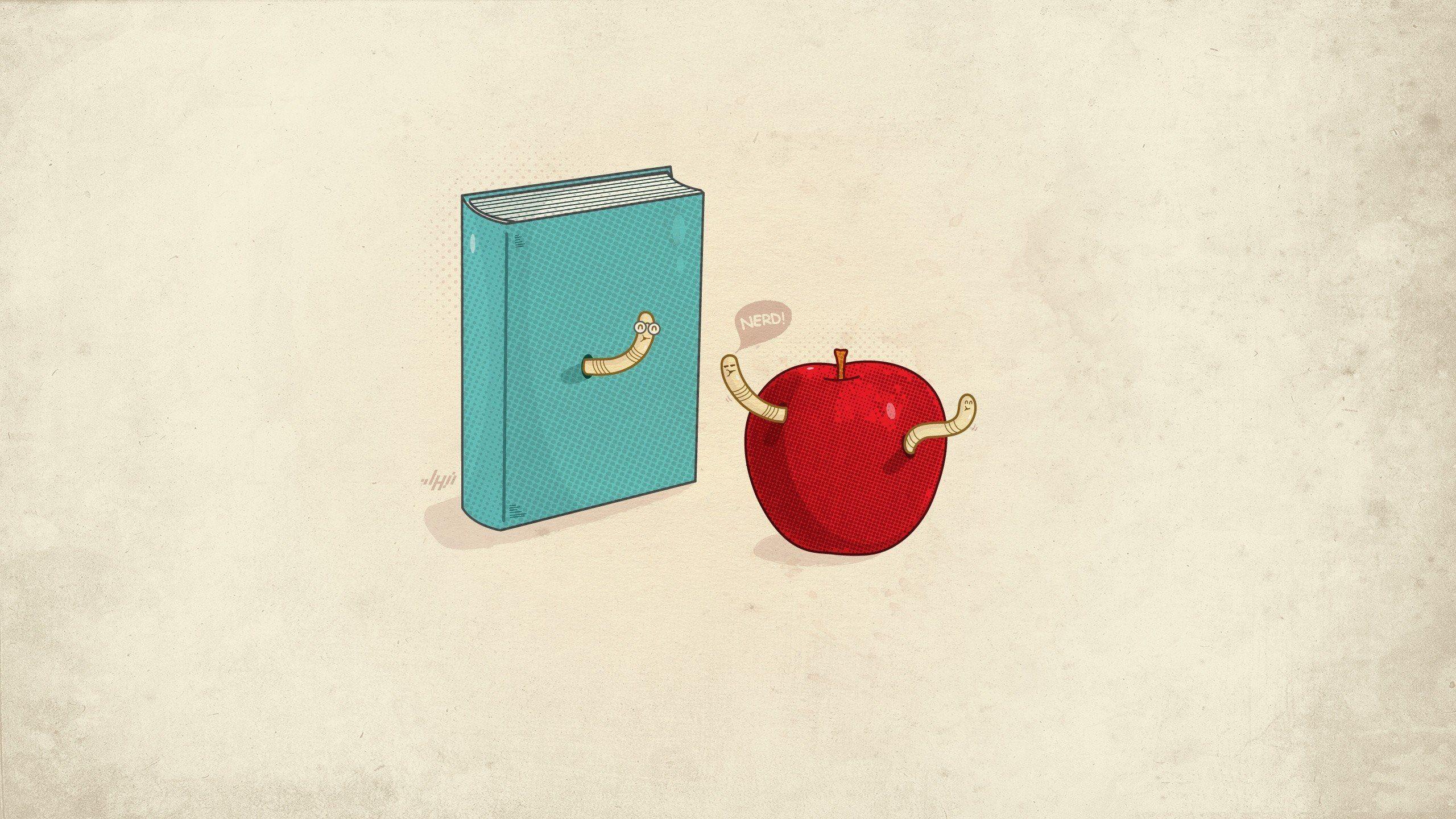 2560x1440 minimalistic, Nerd, Funny, Books, Apples, Simple, Background, Worms Wallpaper HD / Desktop and Mobile Background