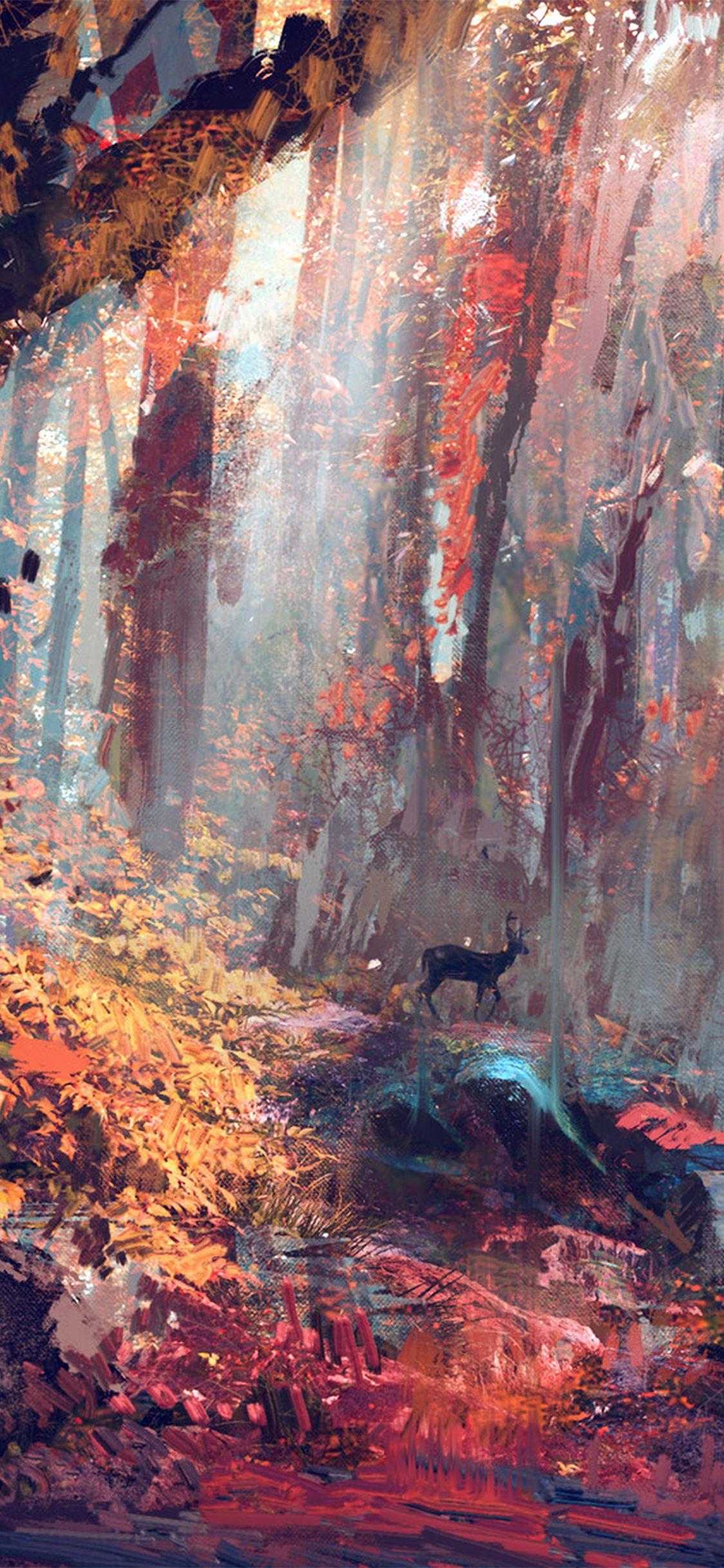 1125x2436 iPhone X wallpaper. rain deer forest illustration art wadim kashin blue