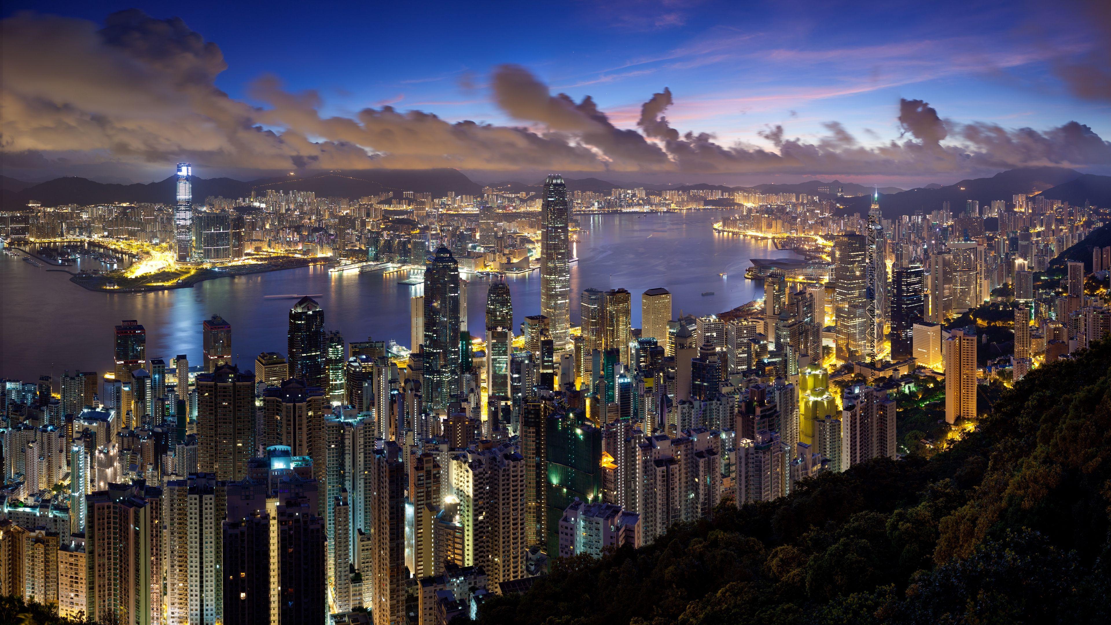 3840x2160 Tải xuống hình nền 3840x2160 thành phố, Hồng Kông, đêm, mây, đèn