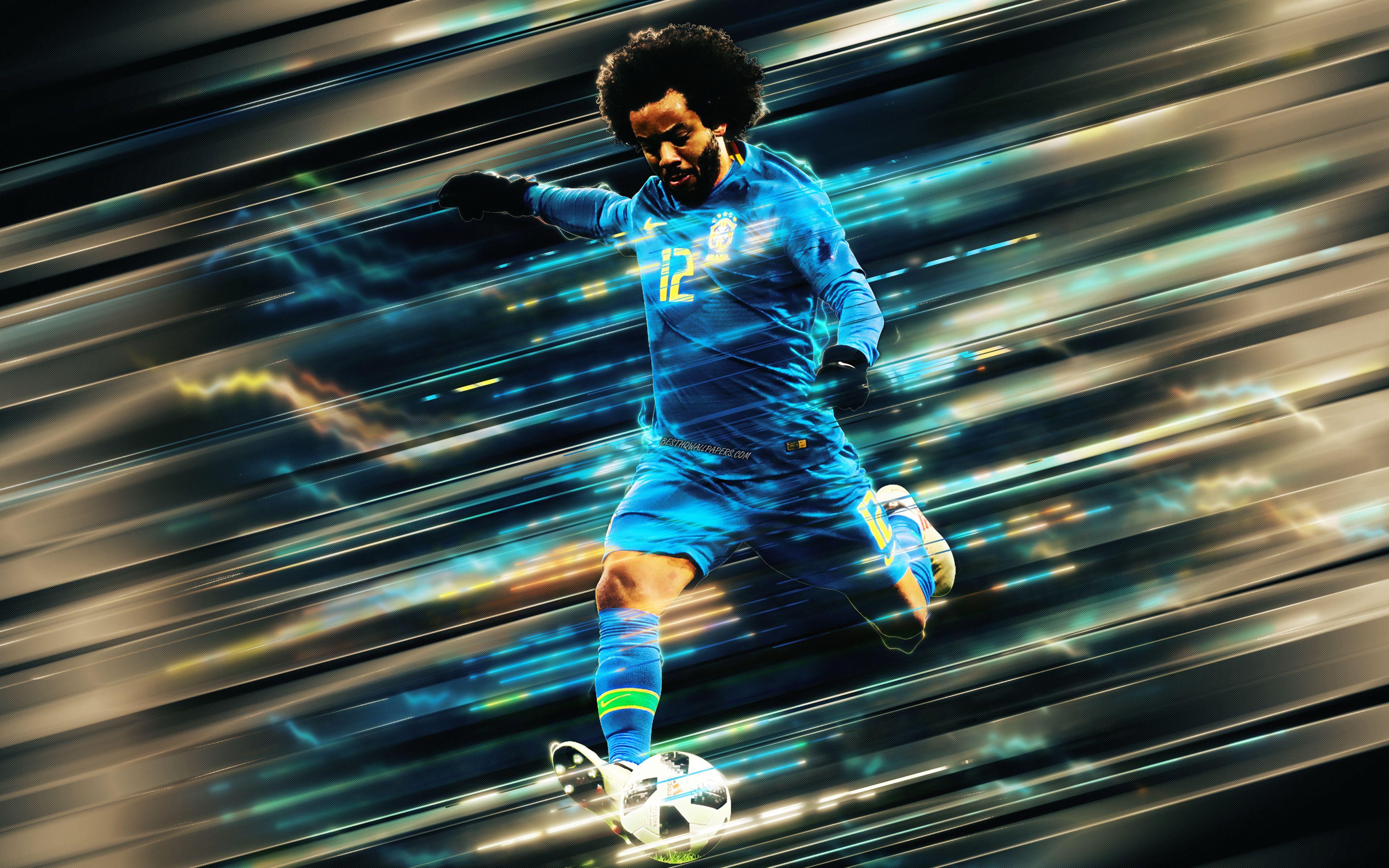 3840x2400 Download wallpaper Marcelo, Brazilian football player, defender, Brazil national football team, lines art, blades style, Brazil, football players, Marcelo Vieira for desktop with resolution 3840x2400. High Quality HD picture wallpaper