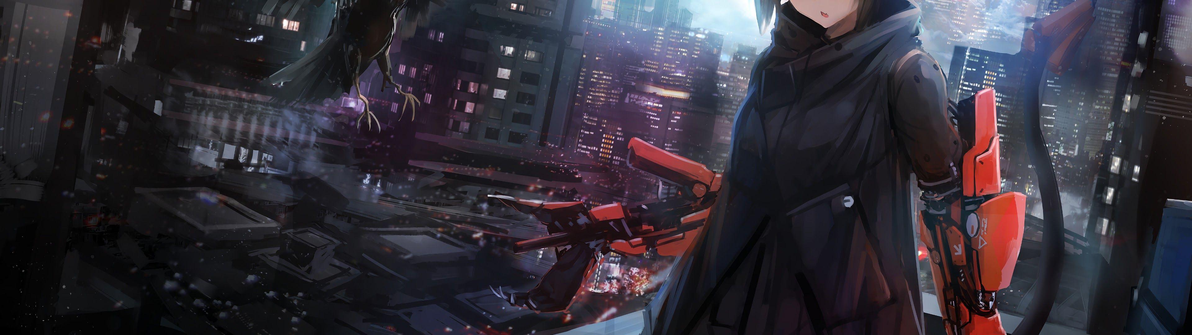 3840x1080 Anime, Girl, Crow, Cyberpunk, Sci Fi, 4k, Anime Girl
