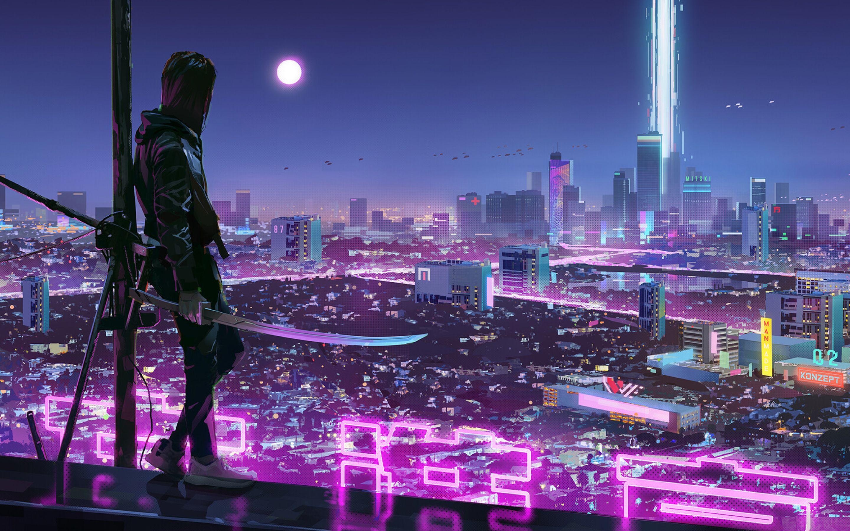 Futuristic cyberpunk anime city - backiee